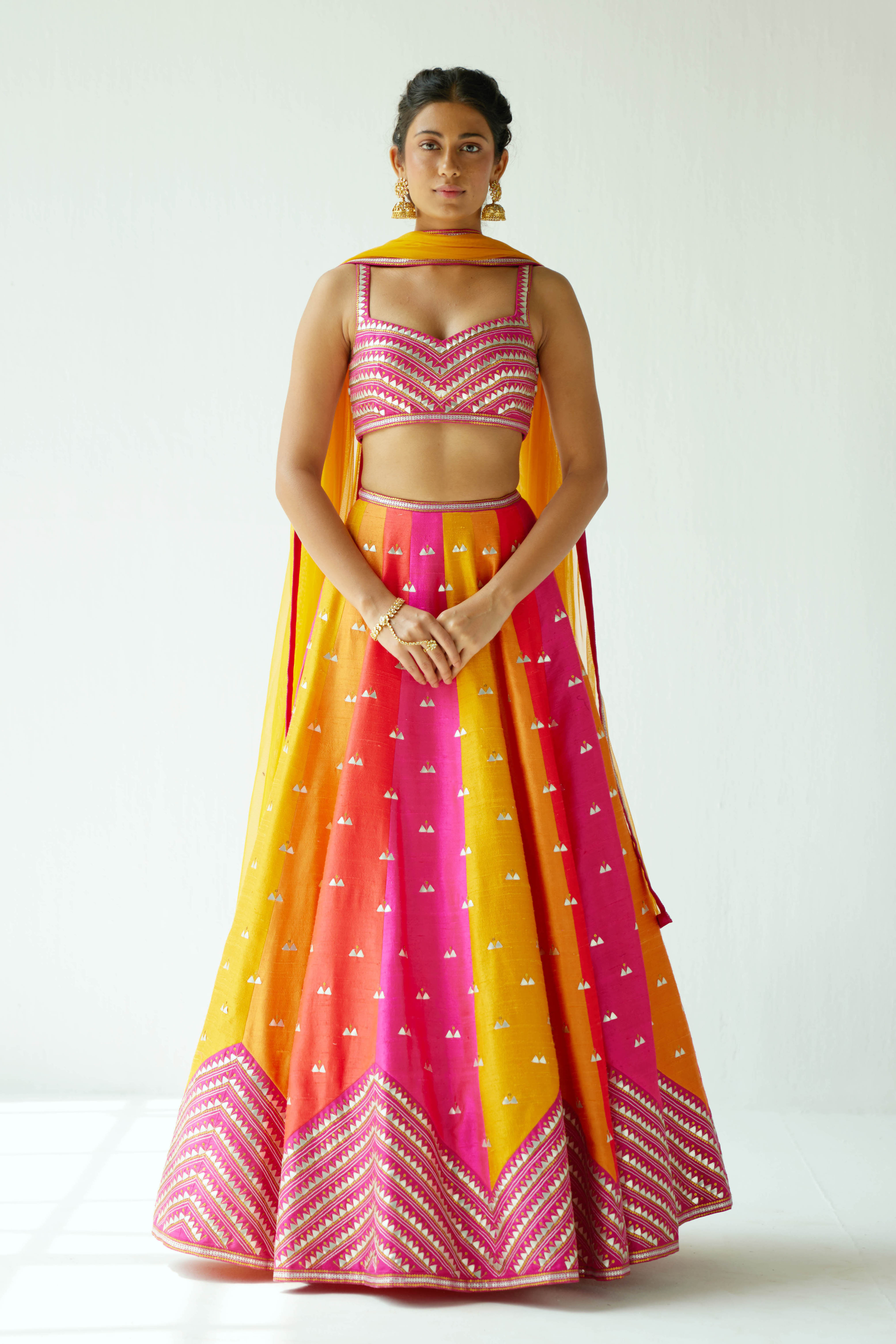 Multi-Coloured Panelled Lehenga Set With Zig-Zag Border