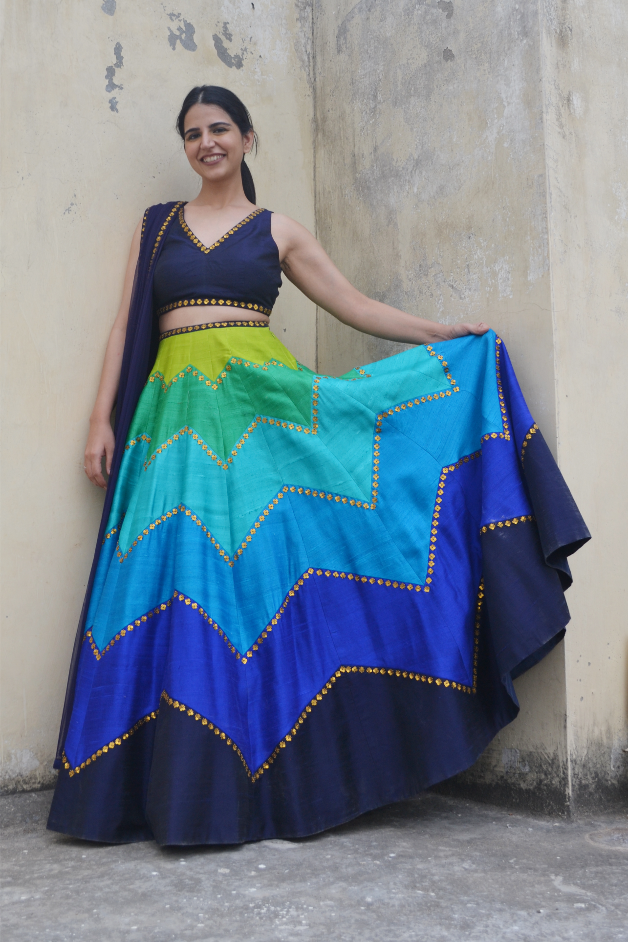 Multi-Coloured Chevron Lehenga Set