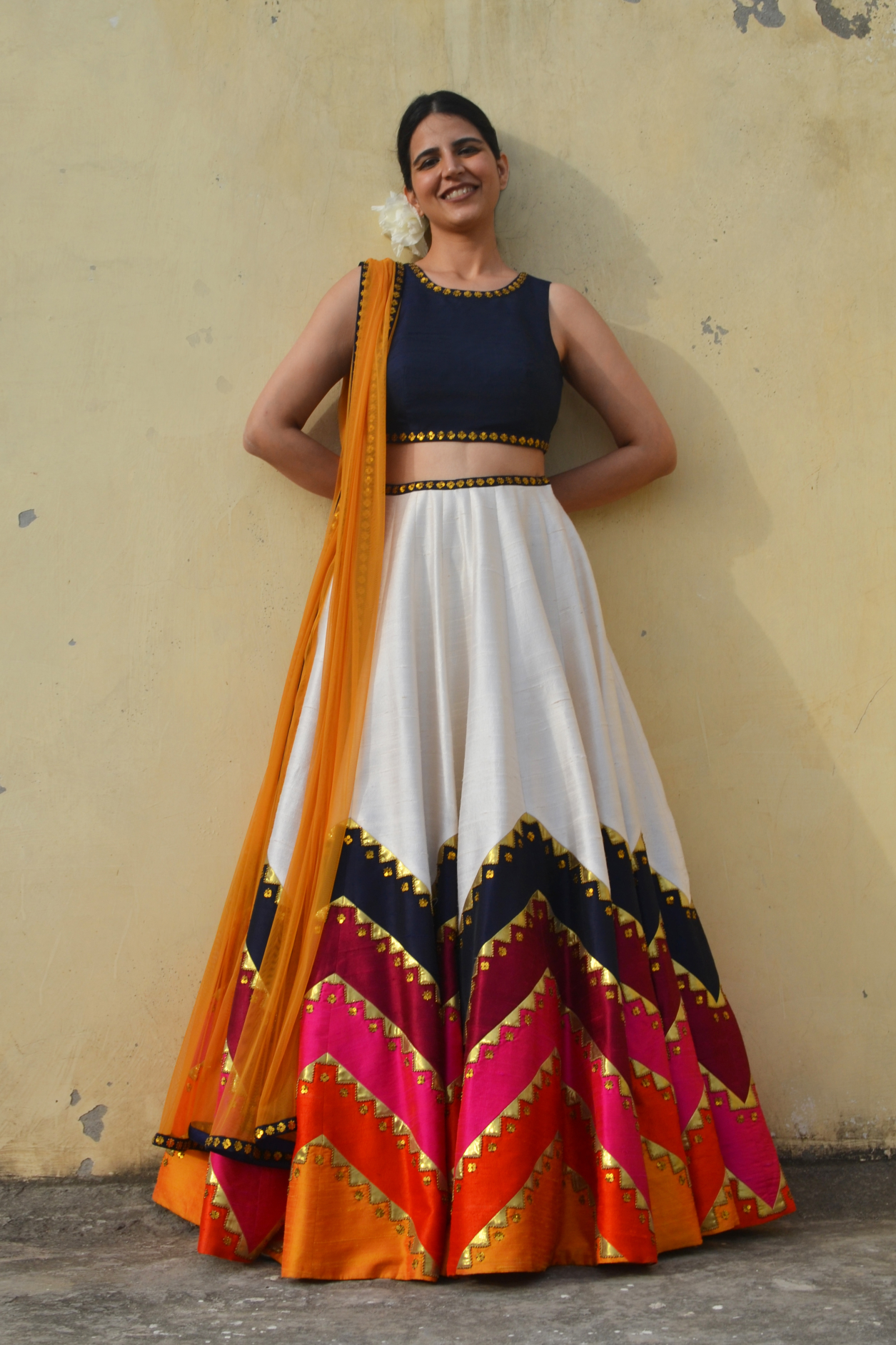 Multi-Coloured Half-N-Half Chevron Lehenga Set
