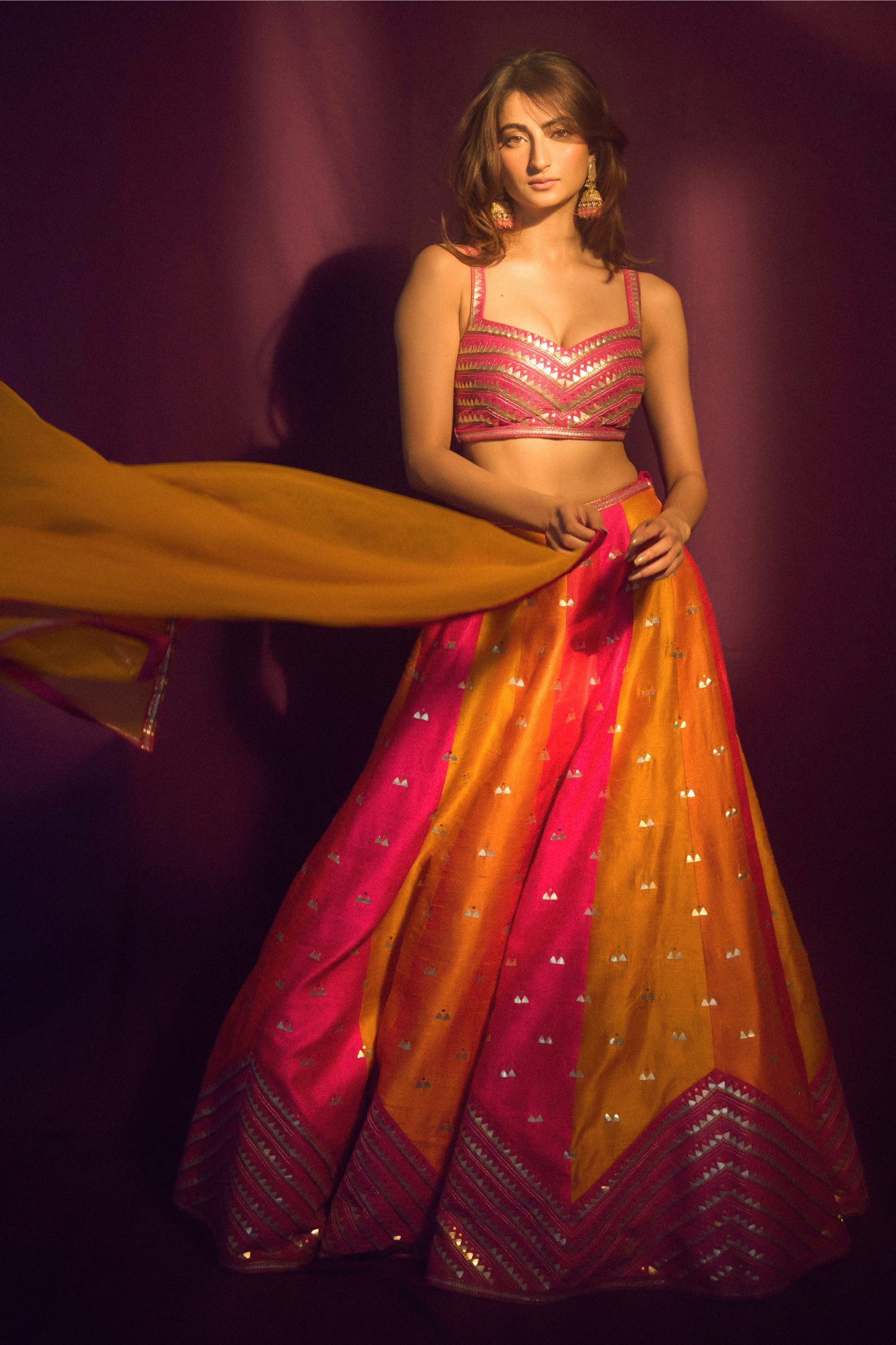 Multi-Coloured Panelled Lehenga Set With Zig-Zag Border