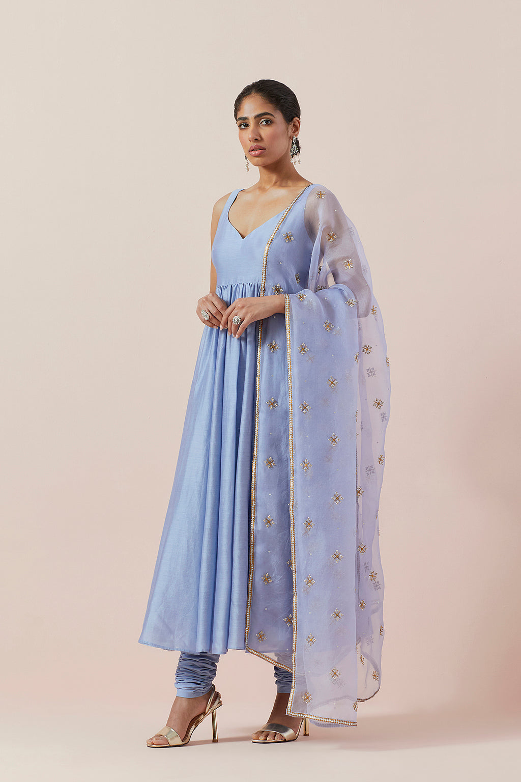 Cross Floral Motif Dupatta &  Anarkali Set