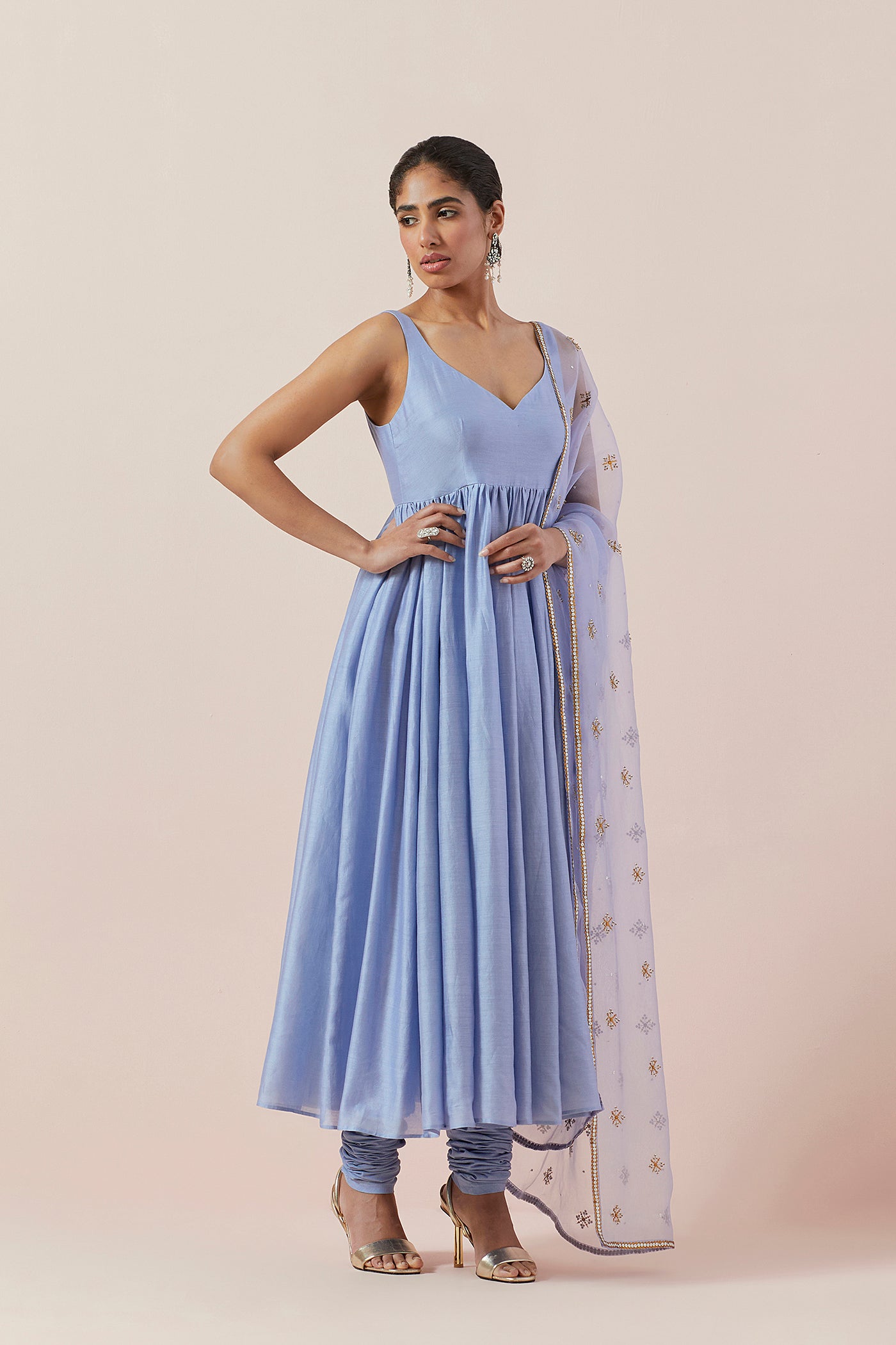 Cross Floral Motif Dupatta &  Anarkali Set