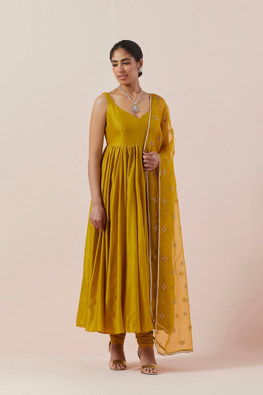 Cross Floral Motif Dupatta &  Anarkali Set