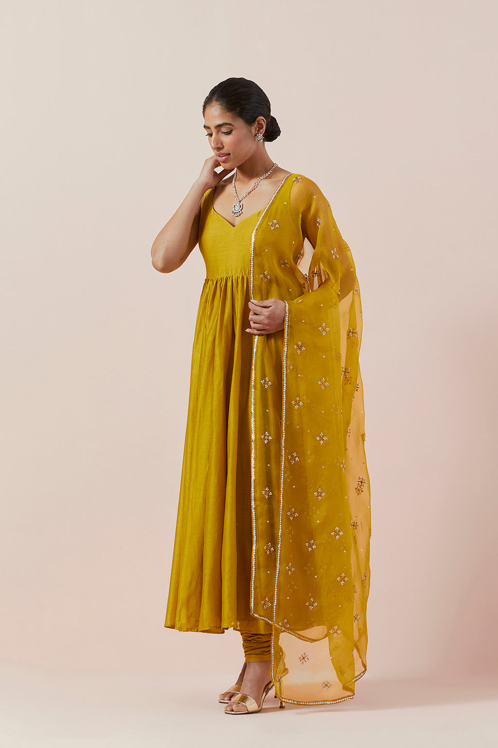 Cross Floral Motif Dupatta &  Anarkali Set