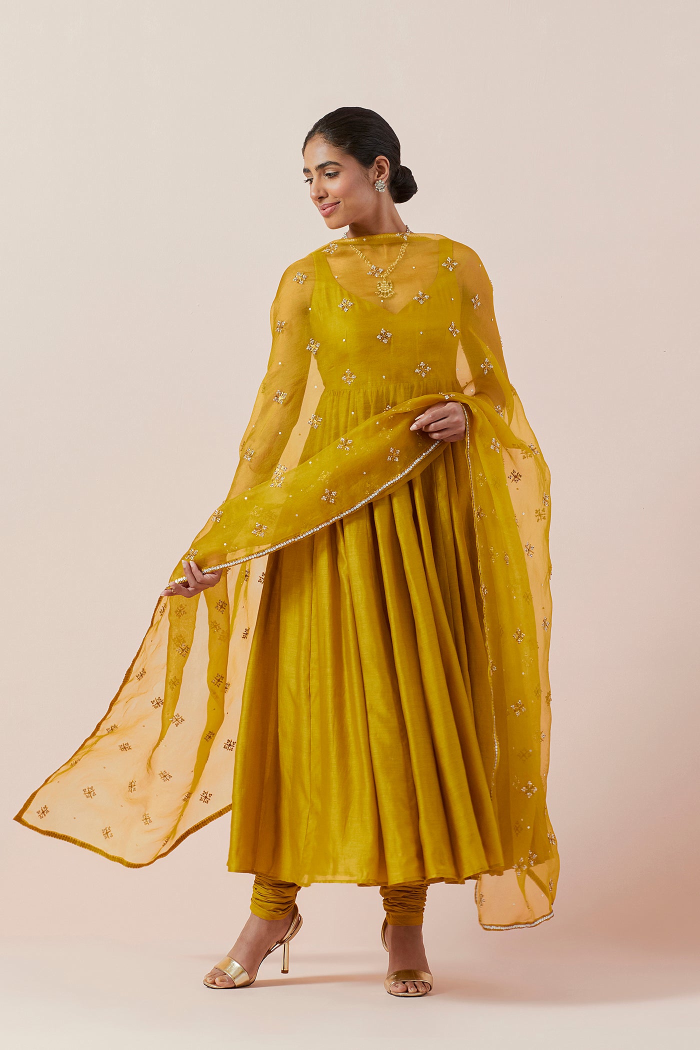 Cross Floral Motif Dupatta &  Anarkali Set