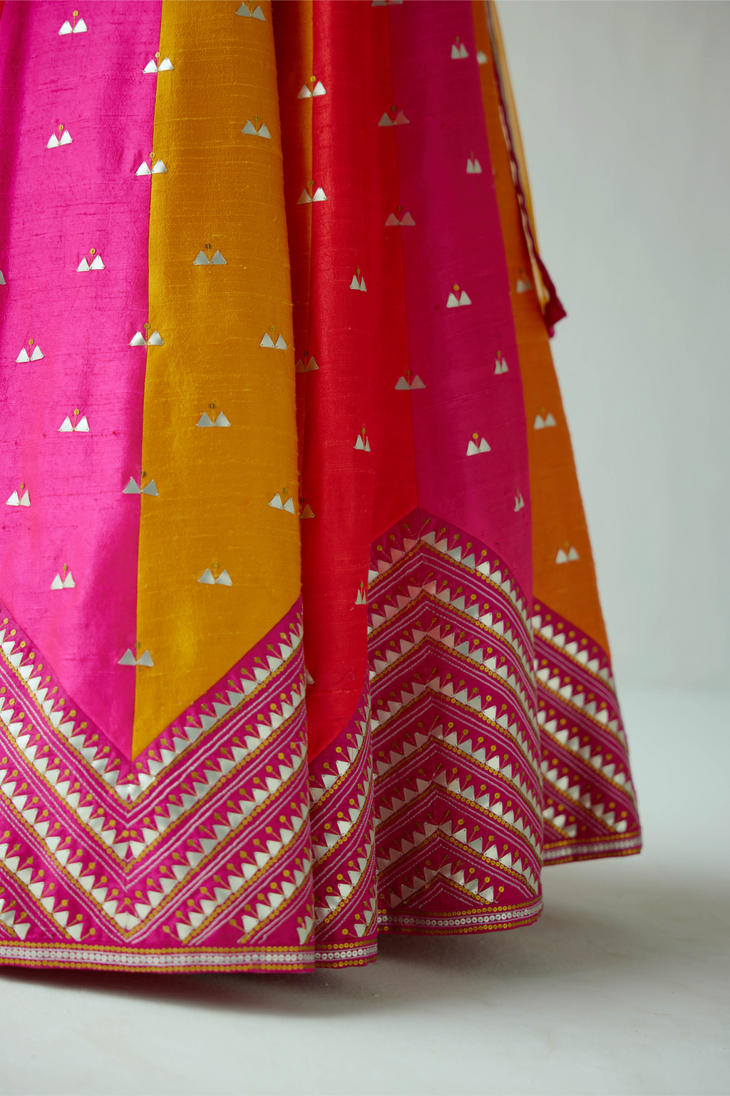 Multi-Coloured Panelled Lehenga Set With Zig-Zag Border