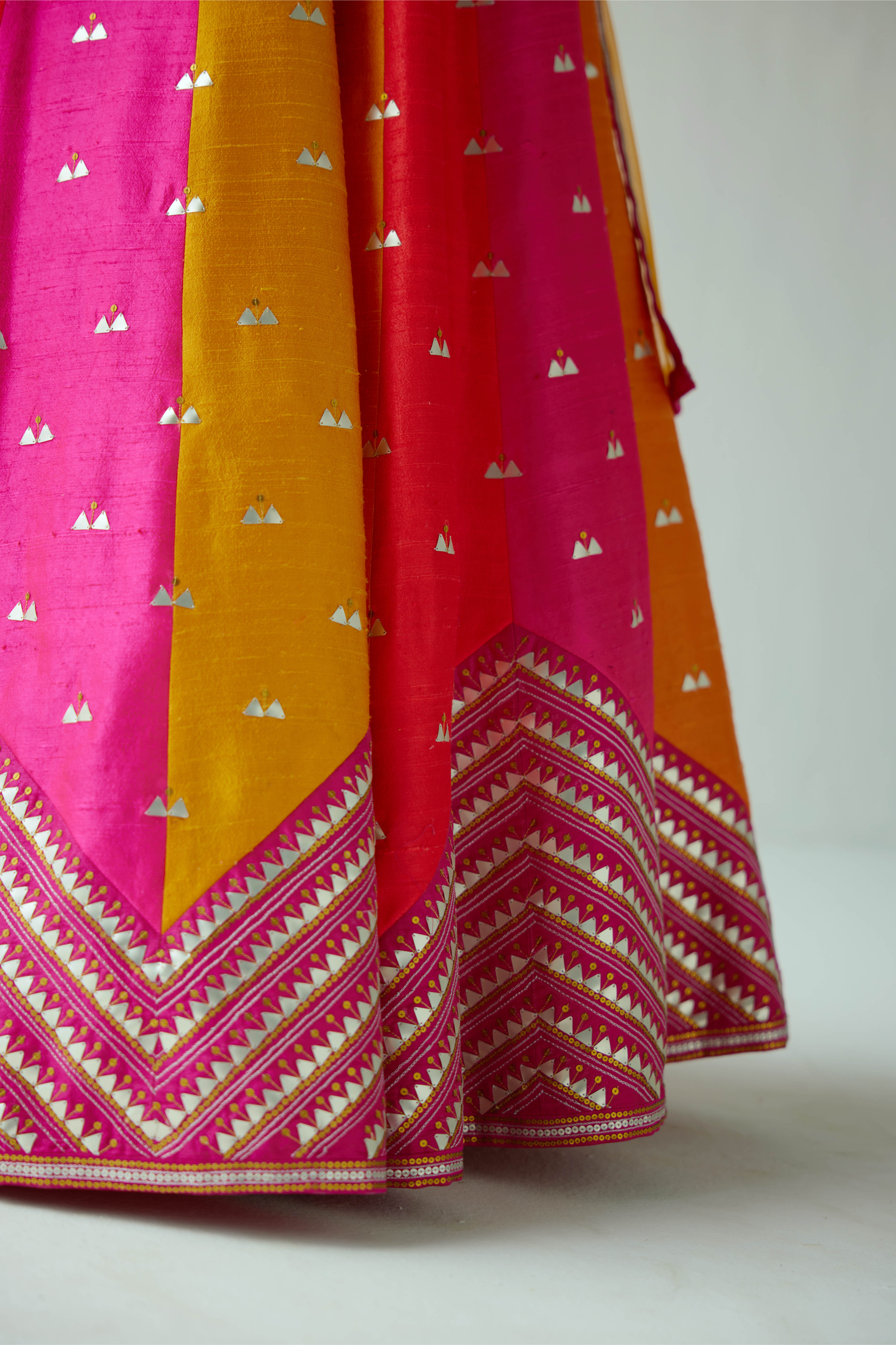 Multi-Coloured Panelled Lehenga Set With Zig-Zag Border