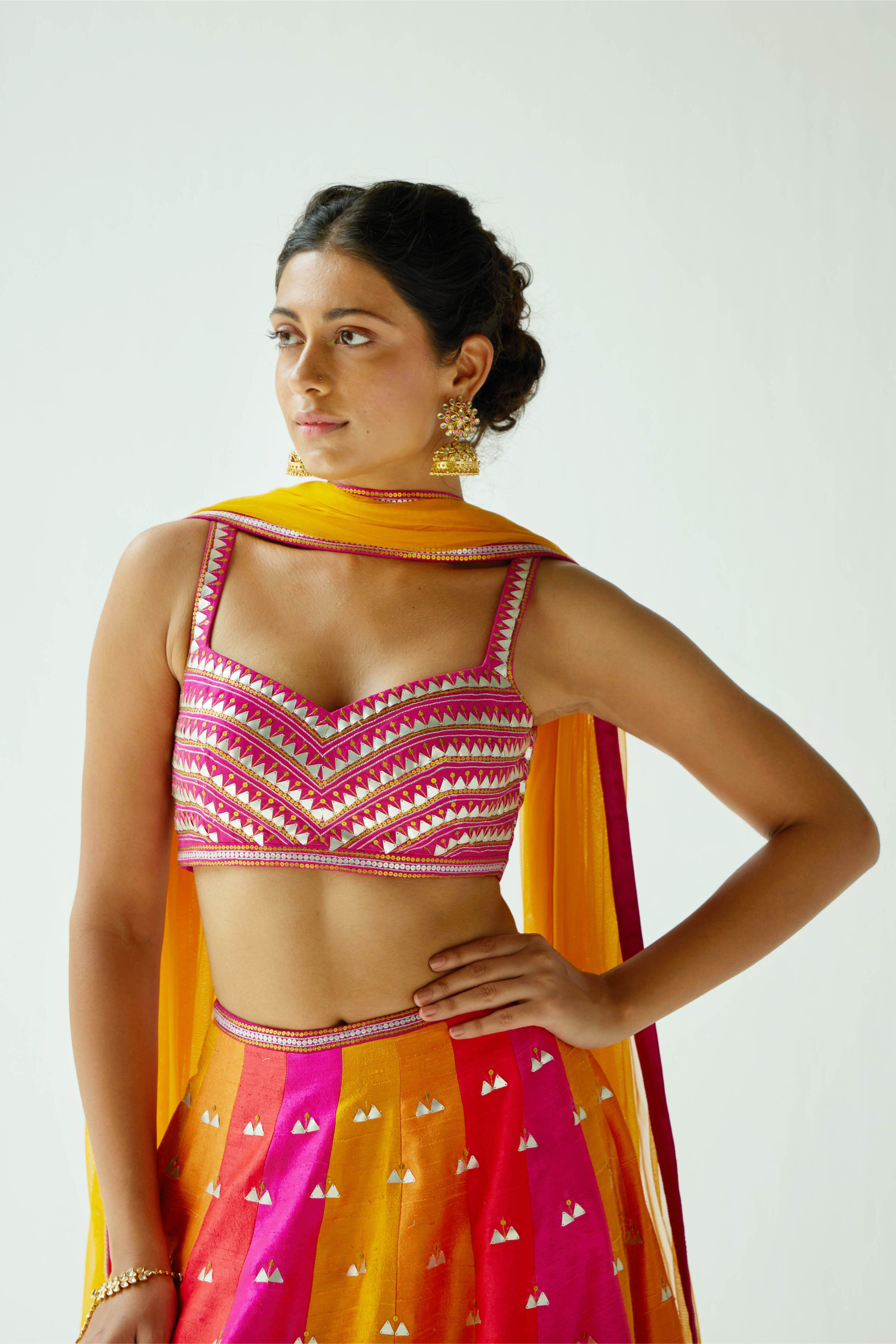 Multi-Coloured Panelled Lehenga Set With Zig-Zag Border