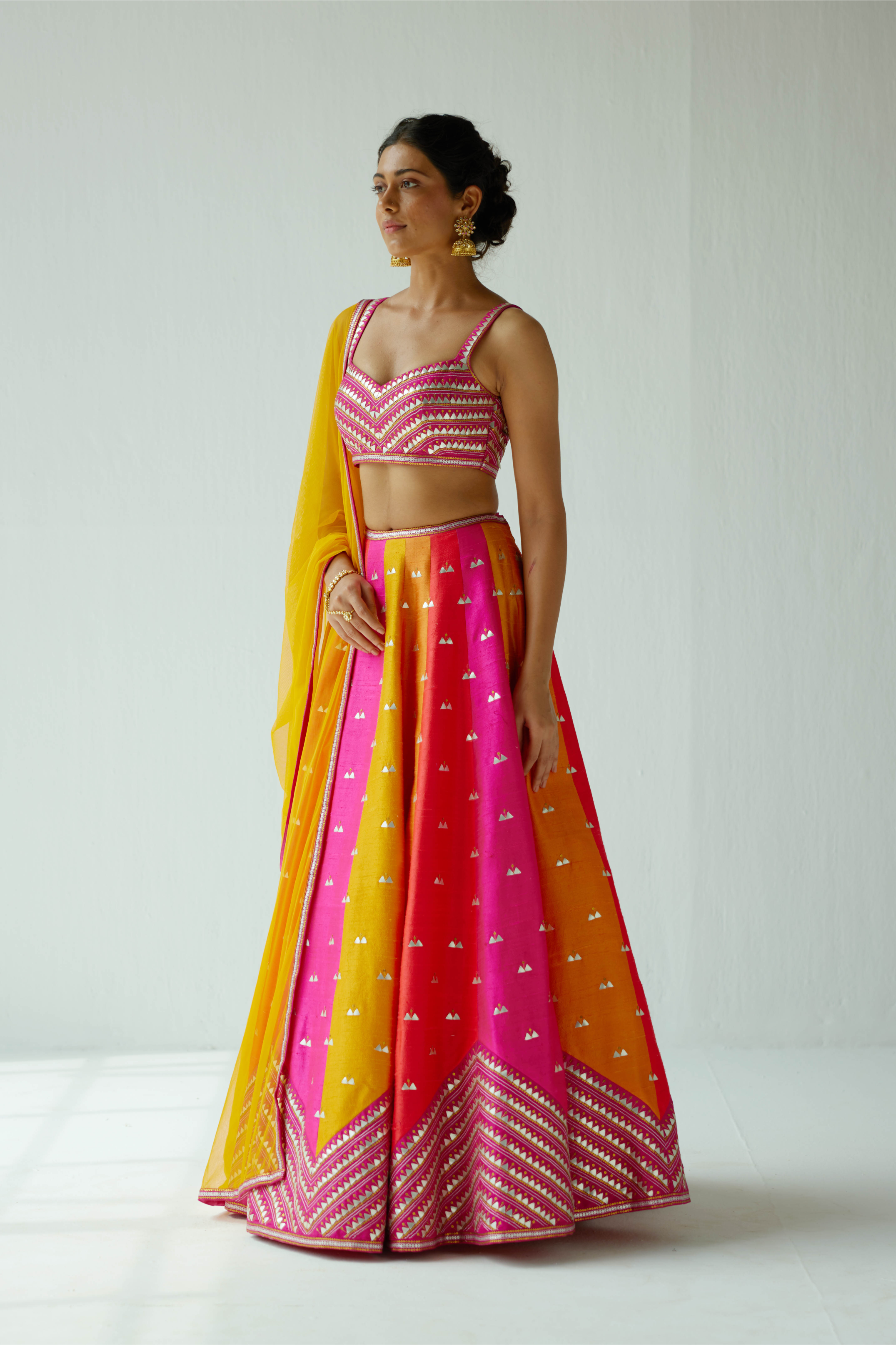 Multi-Coloured Panelled Lehenga Set With Zig-Zag Border