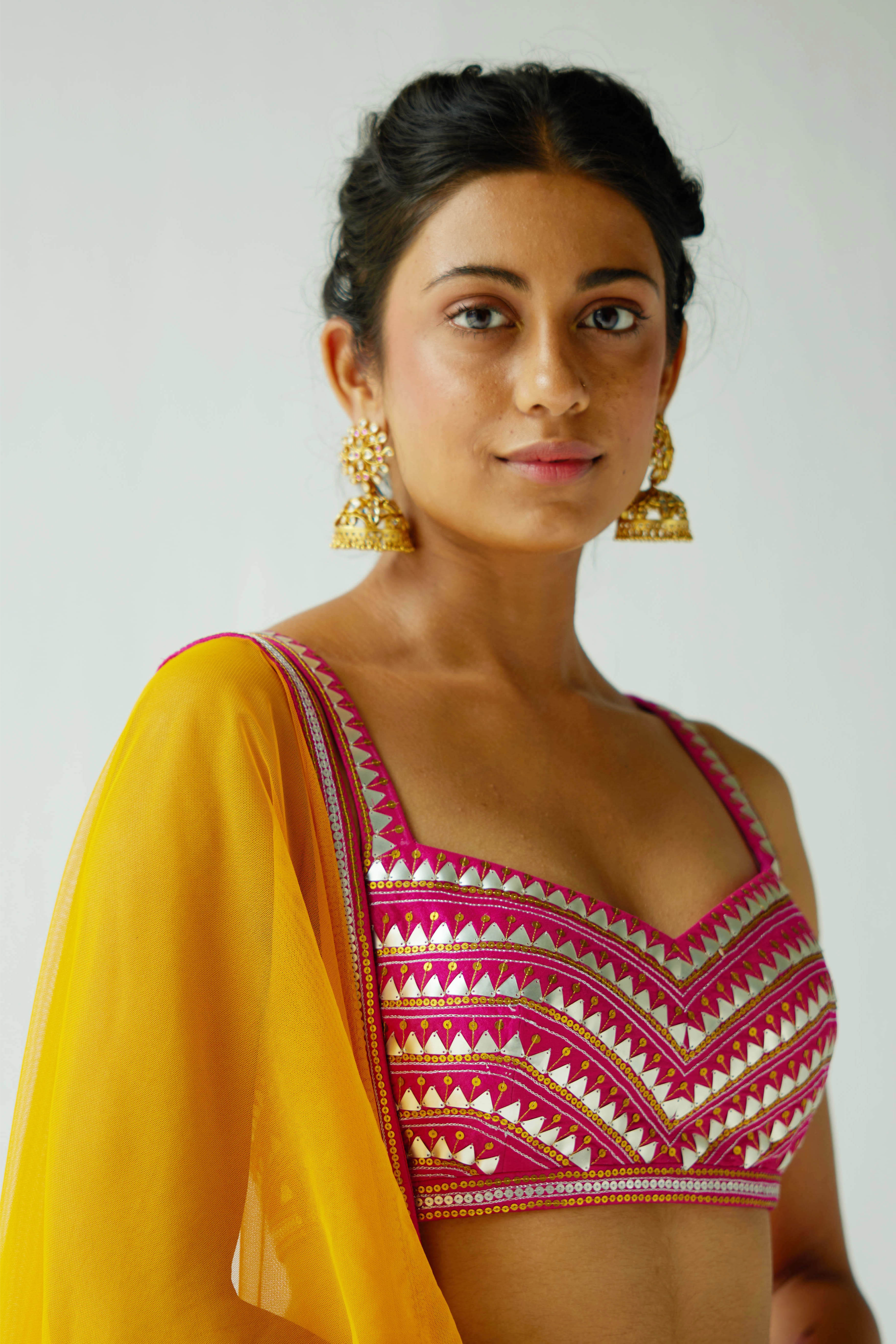 Multi-Coloured Panelled Lehenga Set With Zig-Zag Border