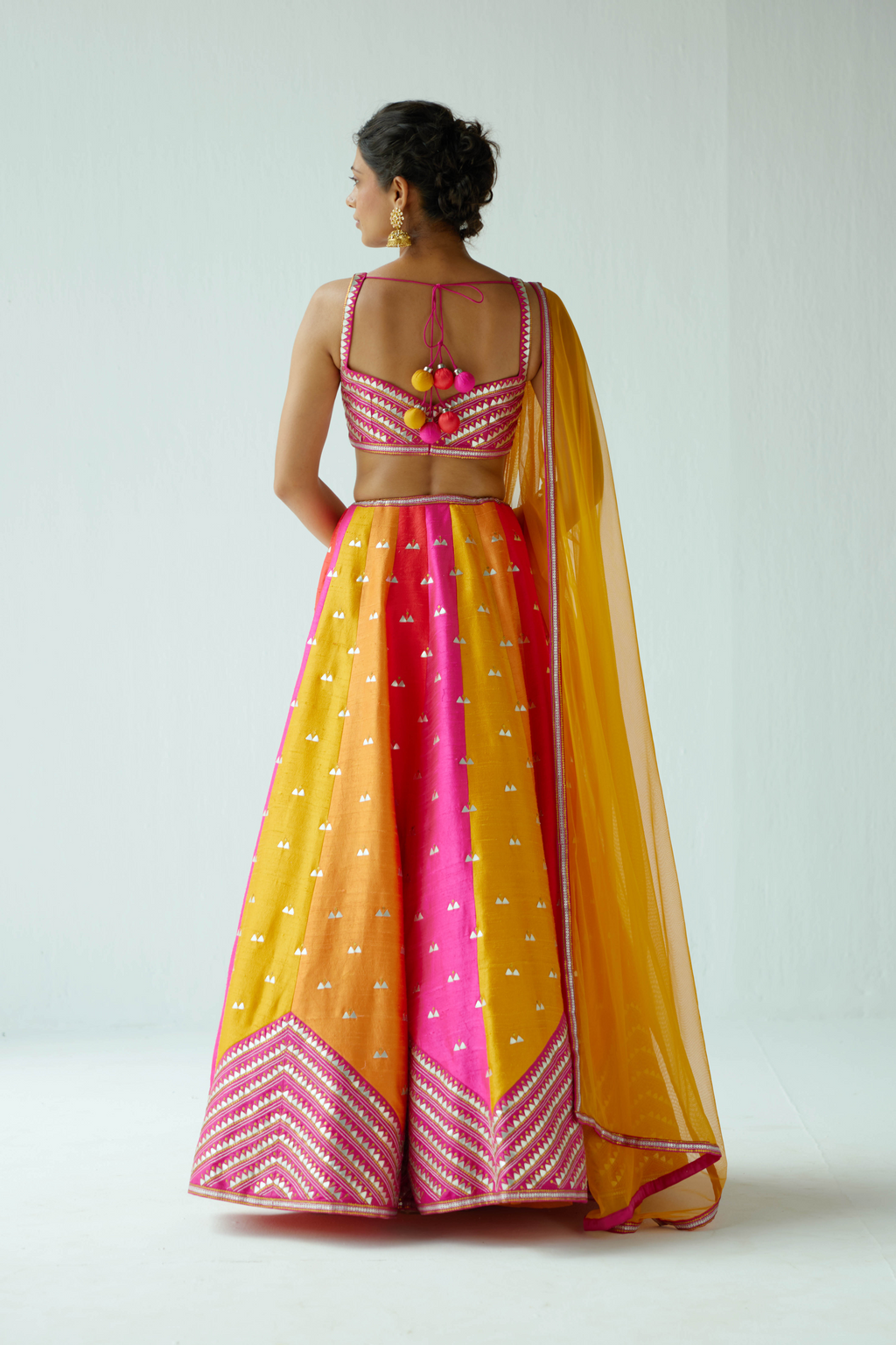 Multi-Coloured Panelled Lehenga Set With Zig-Zag Border