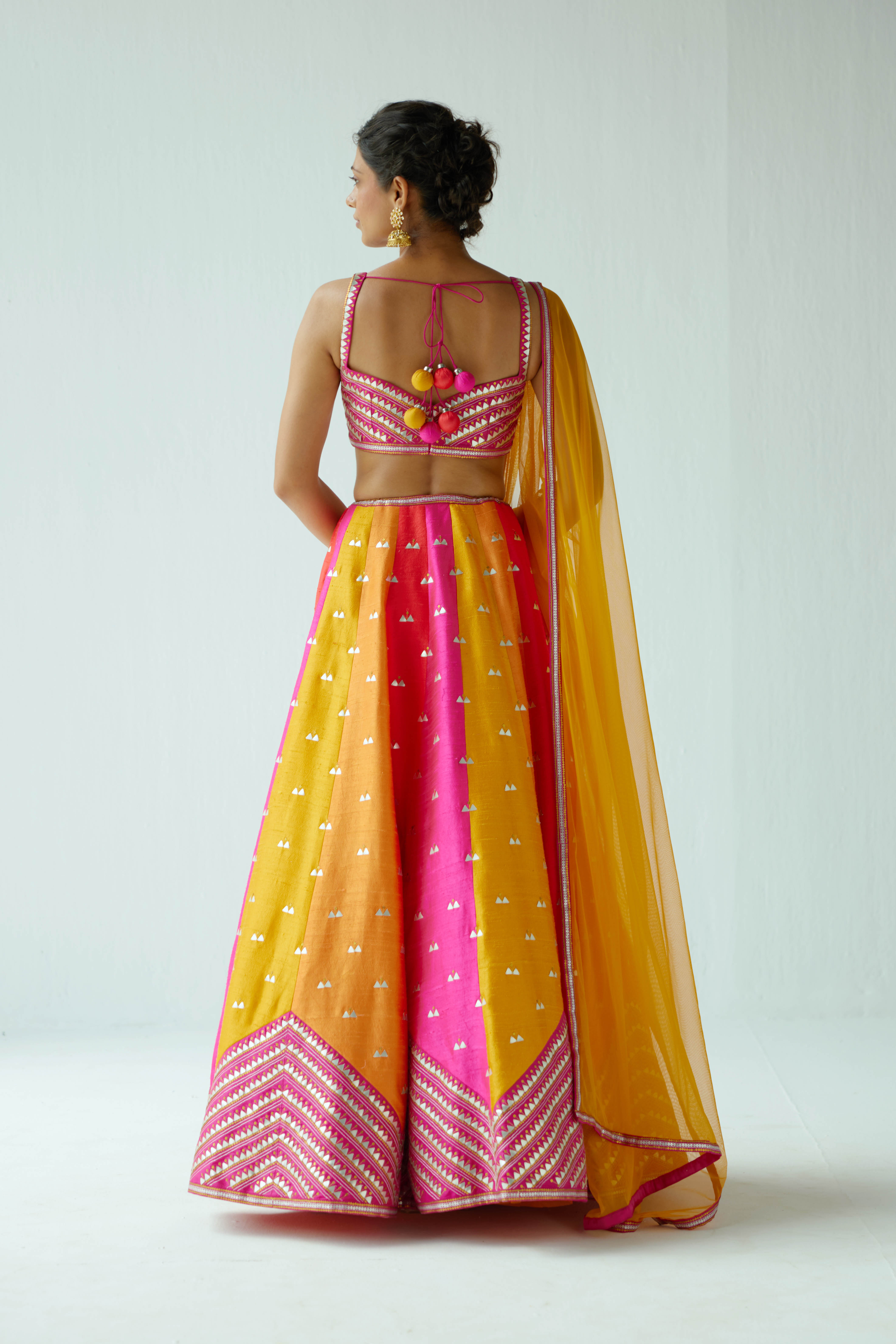 Multi-Coloured Panelled Lehenga Set With Zig-Zag Border