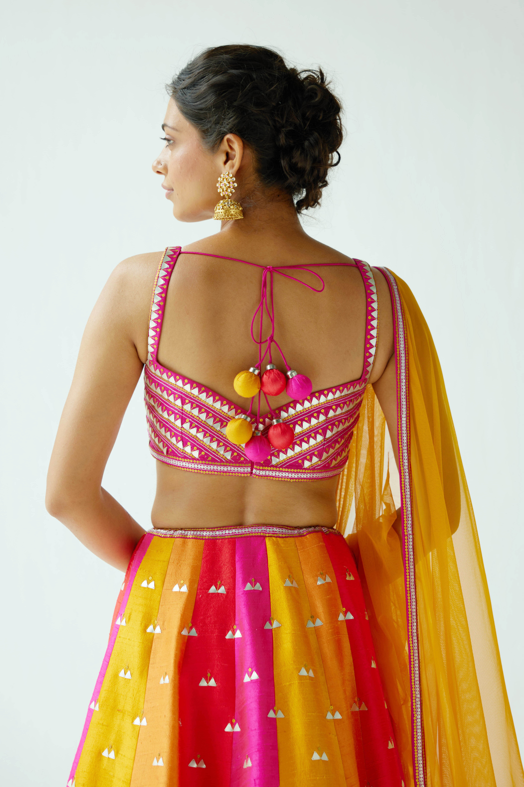 Multi-Coloured Panelled Lehenga Set With Zig-Zag Border