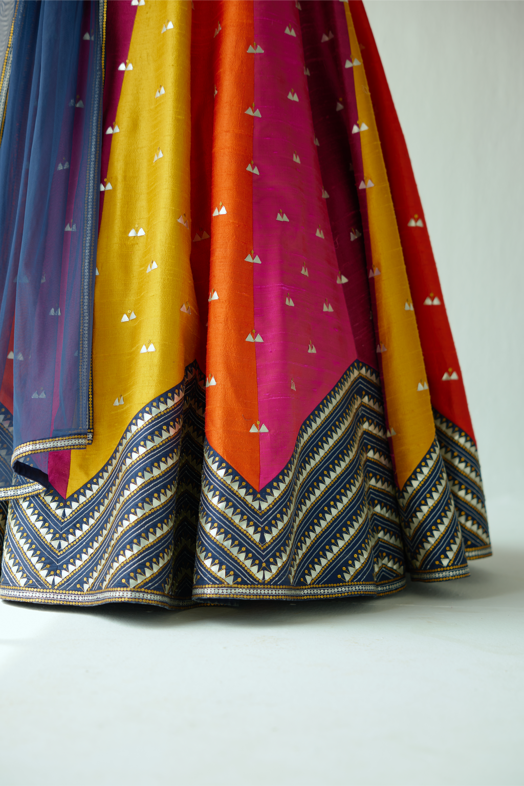 Multi-Coloured Panelled Lehenga Set With Zig-Zag Border