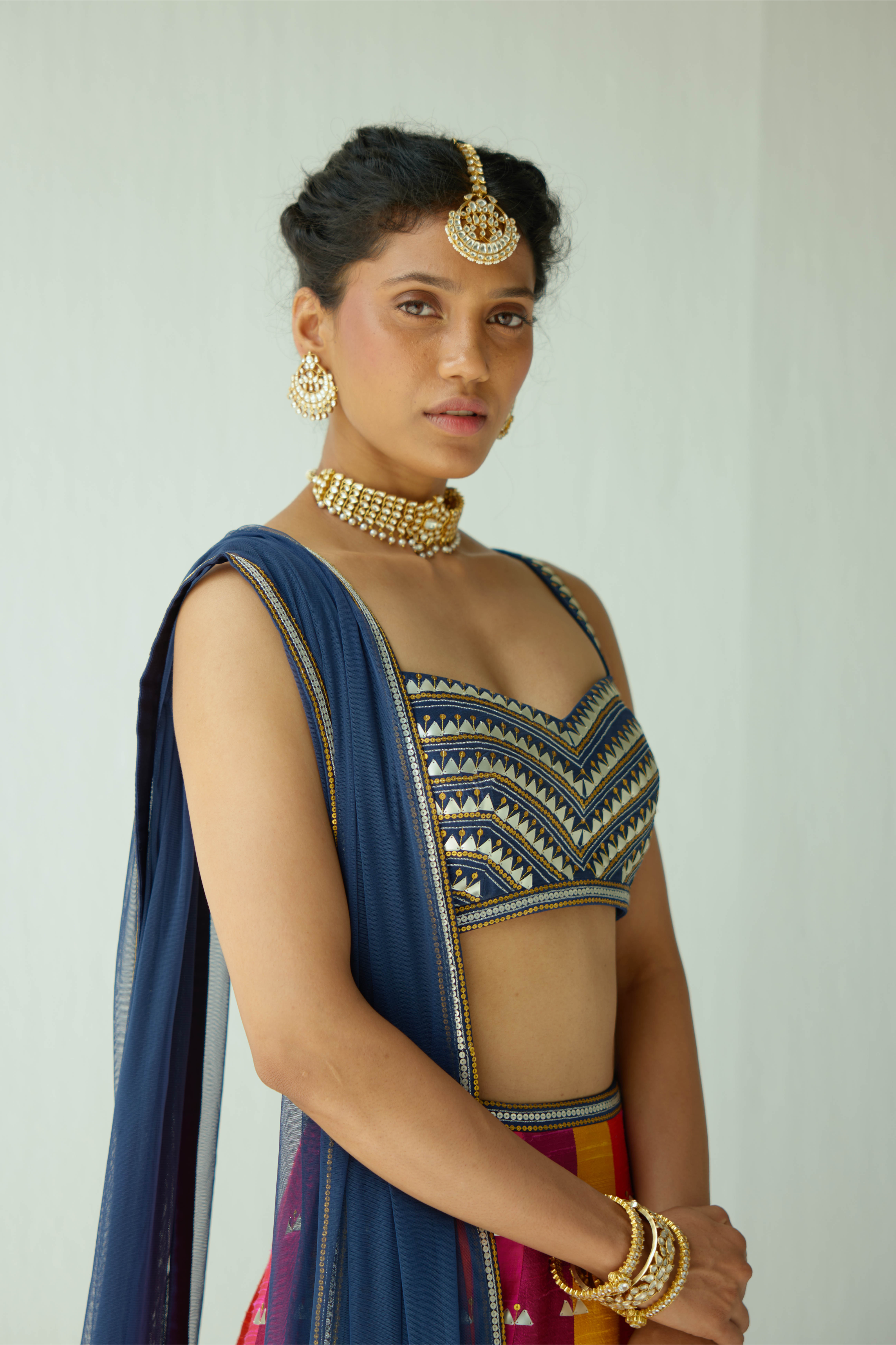 Multi-Coloured Panelled Lehenga Set With Zig-Zag Border