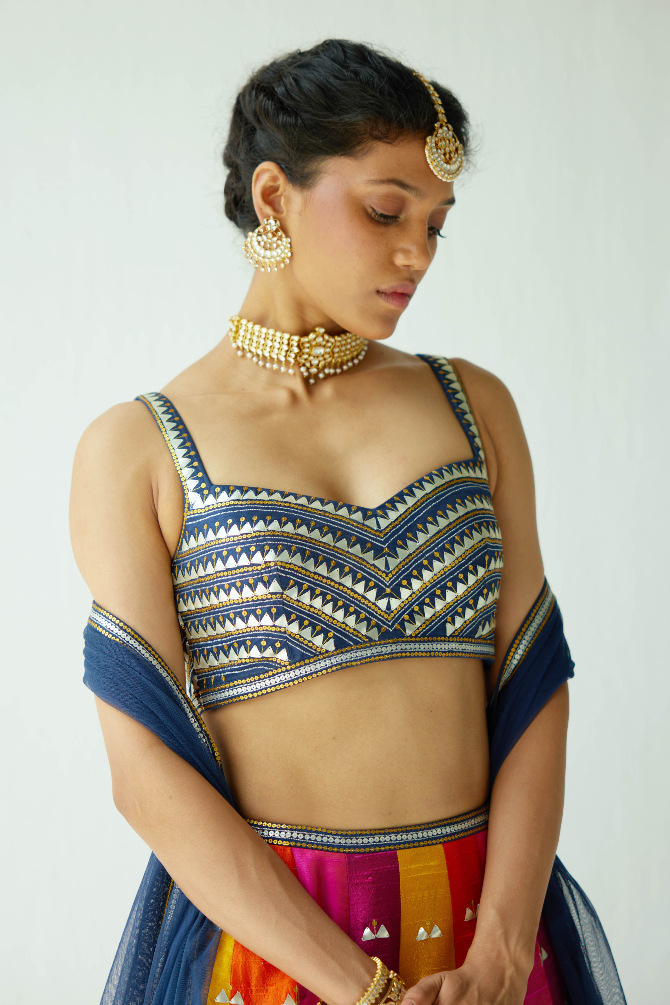 Multi-Coloured Panelled Lehenga Set With Zig-Zag Border