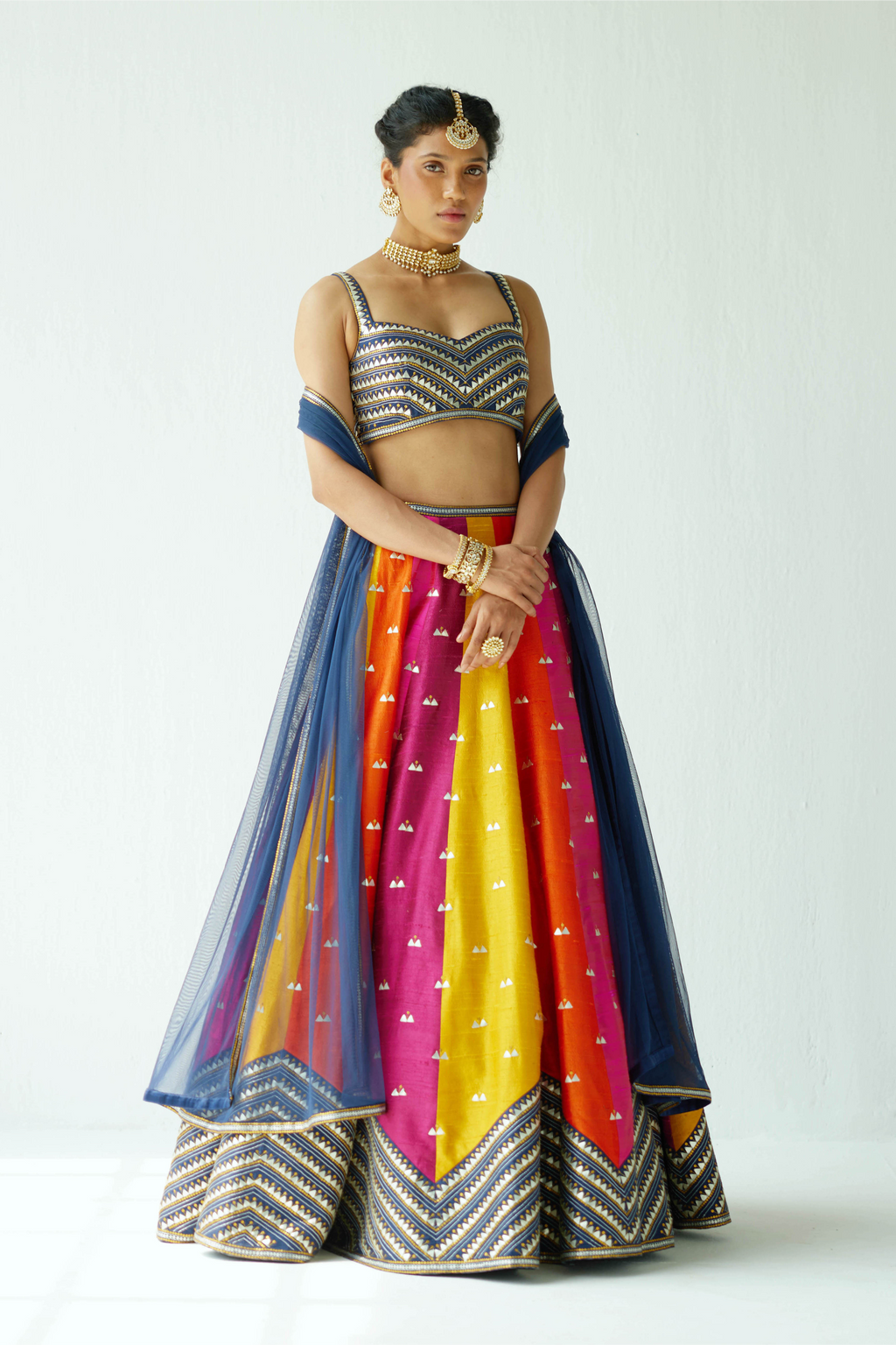 Multi-Coloured Panelled Lehenga Set With Zig-Zag Border