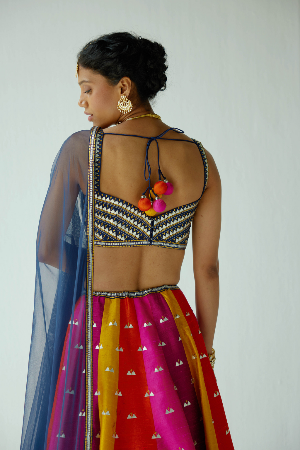 Multi-Coloured Panelled Lehenga Set With Zig-Zag Border