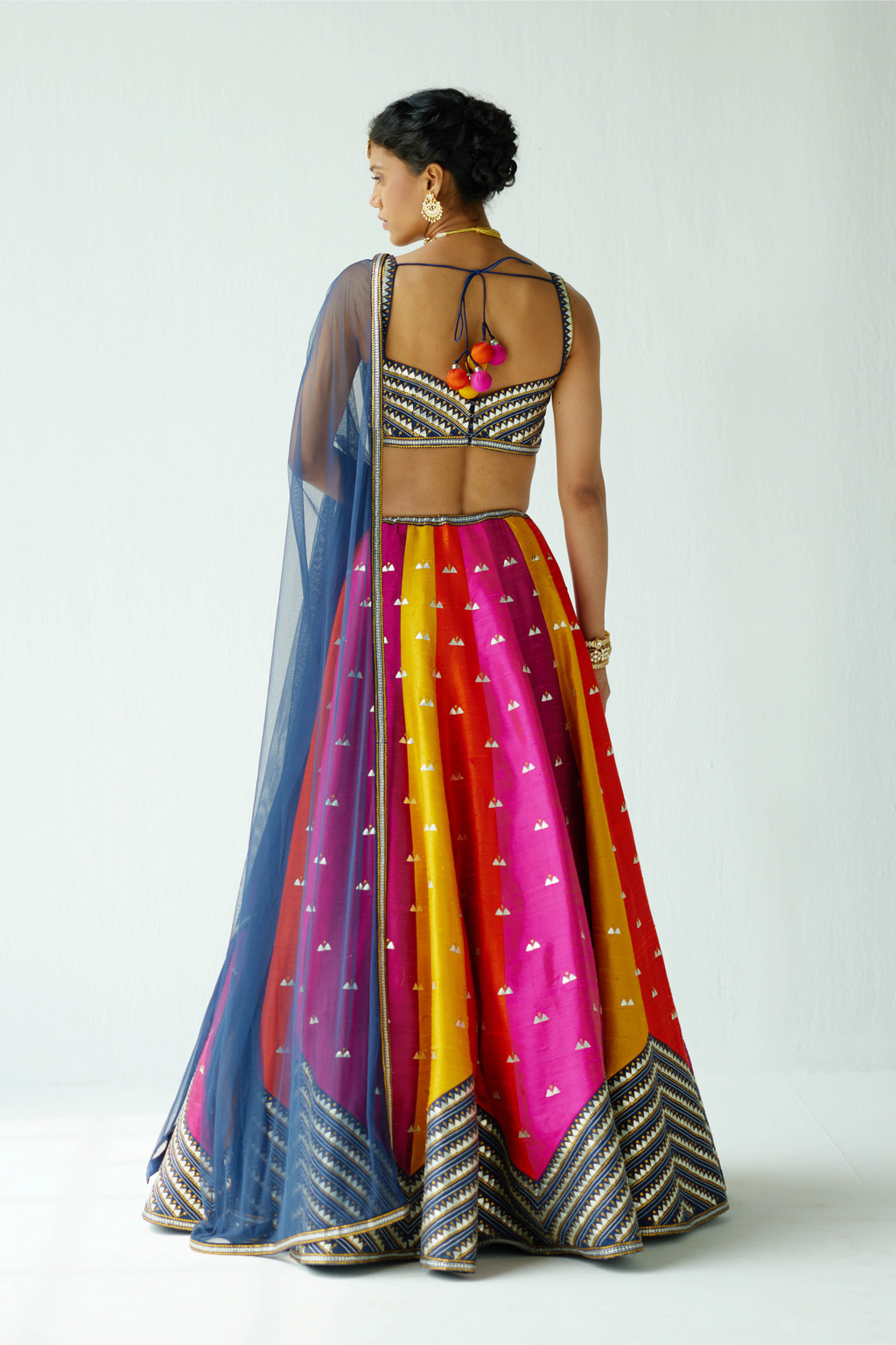 Multi-Coloured Panelled Lehenga Set With Zig-Zag Border