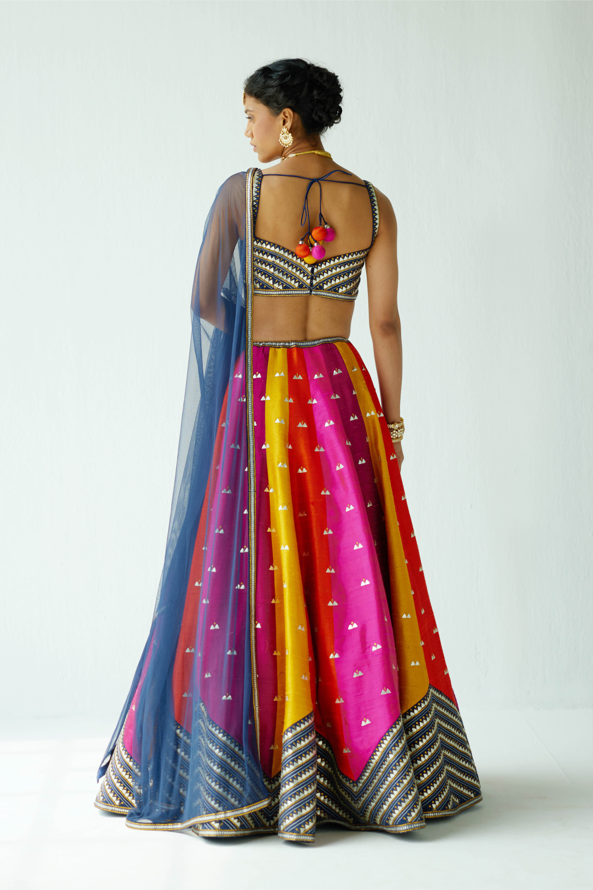 Multi-Coloured Panelled Lehenga Set With Zig-Zag Border