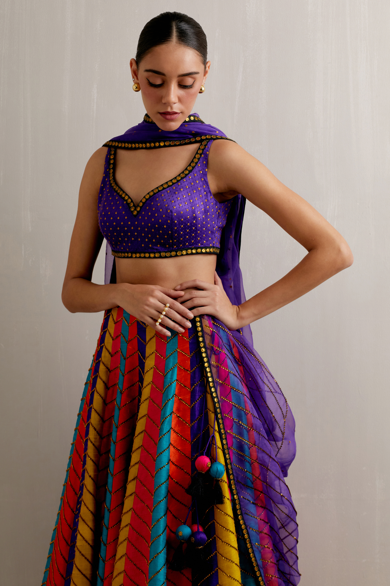Multi-Coloured Panelled Lehenga Set With Solid Border