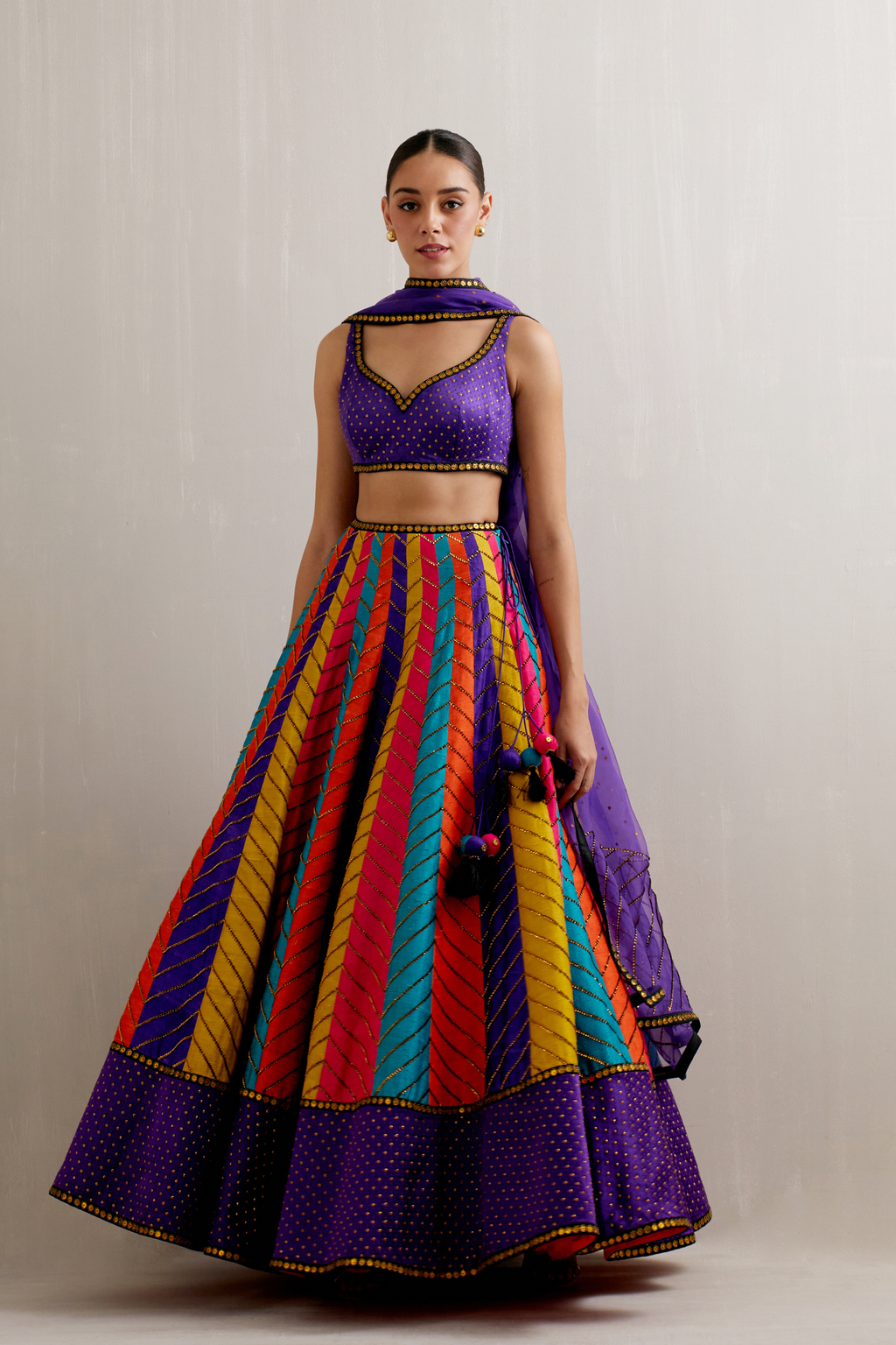 Multi-Coloured Panelled Lehenga Set With Solid Border