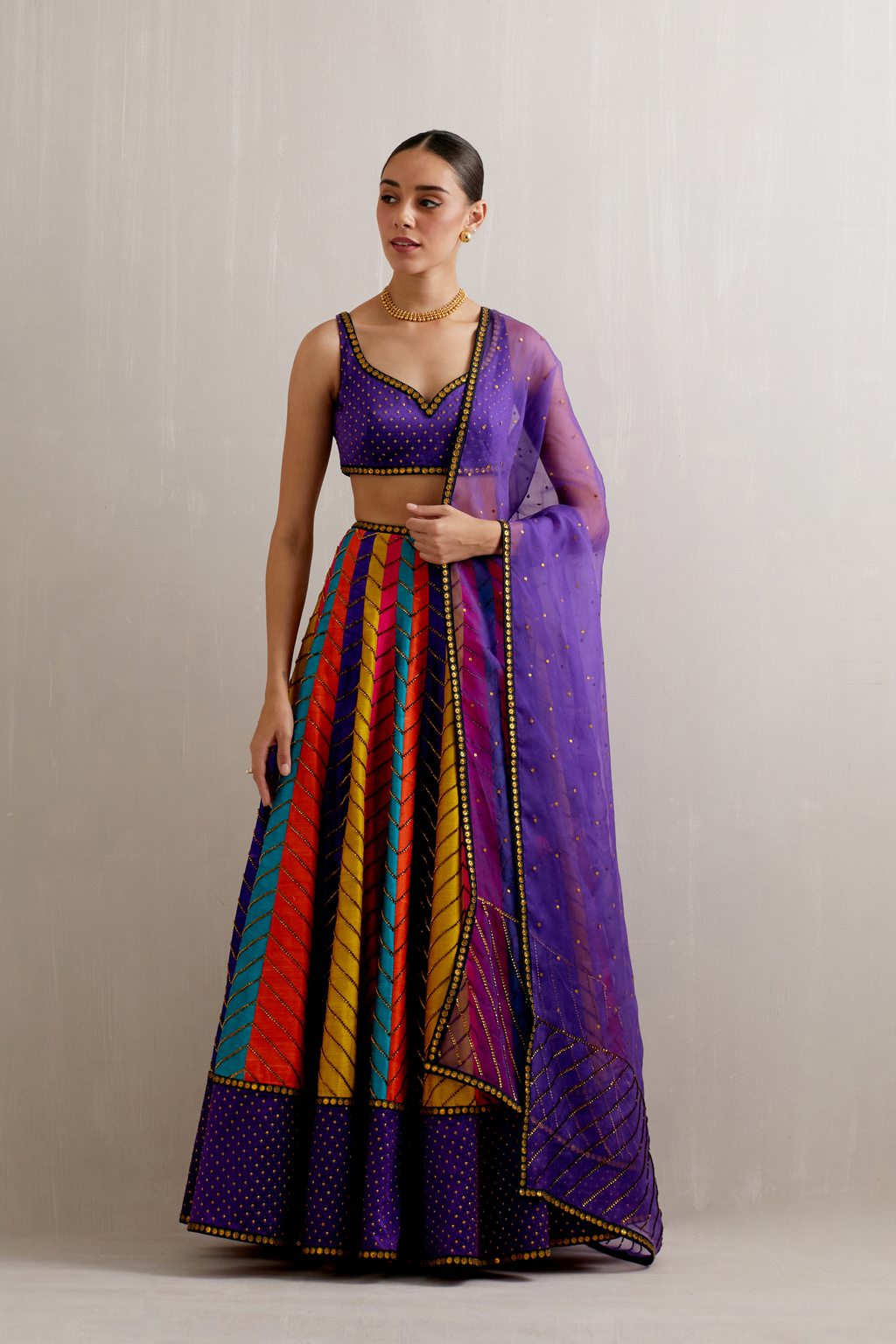 Multi-Coloured Panelled Lehenga Set With Solid Border