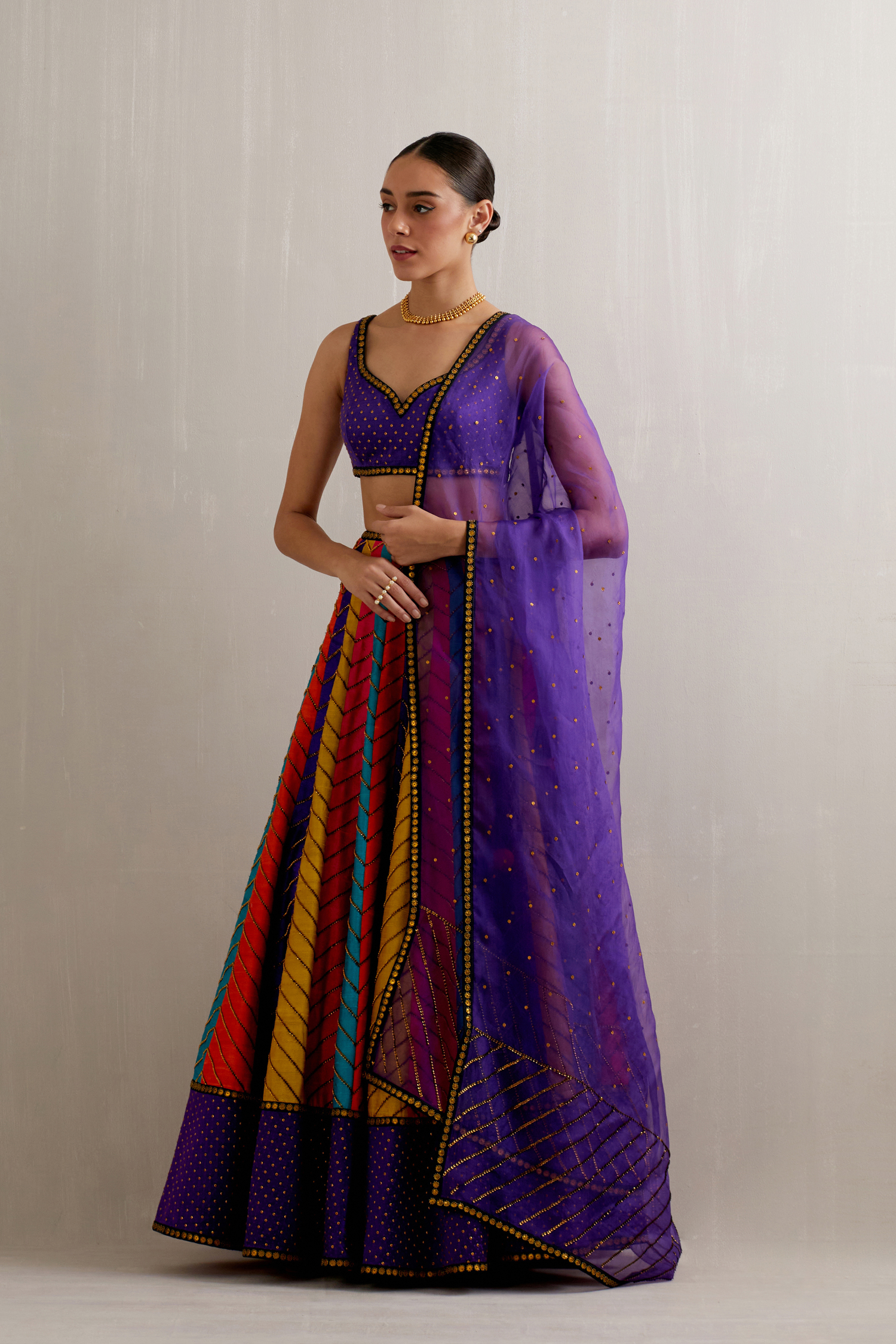 Multi-Coloured Panelled Lehenga Set With Solid Border