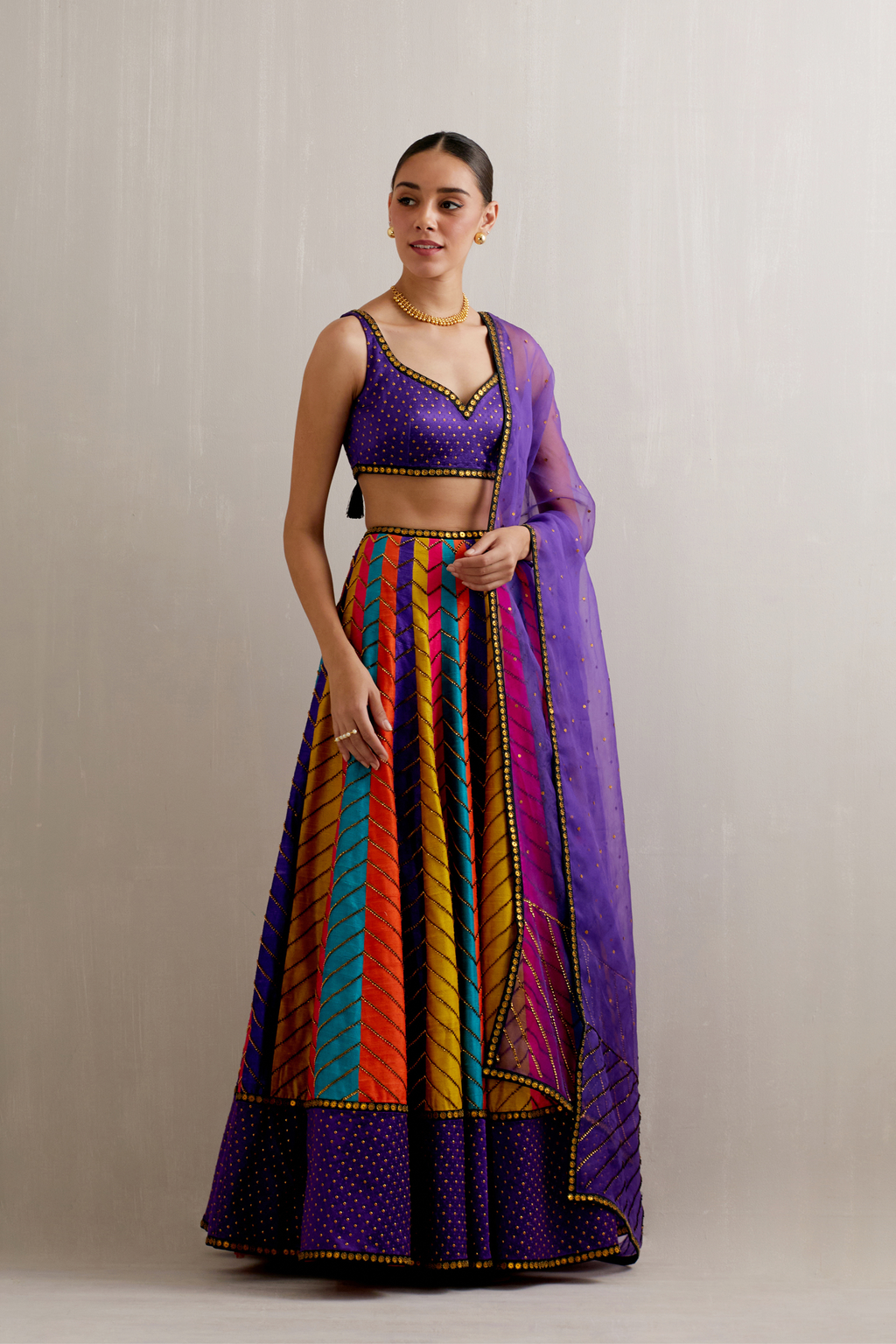 Multi-Coloured Panelled Lehenga Set With Solid Border