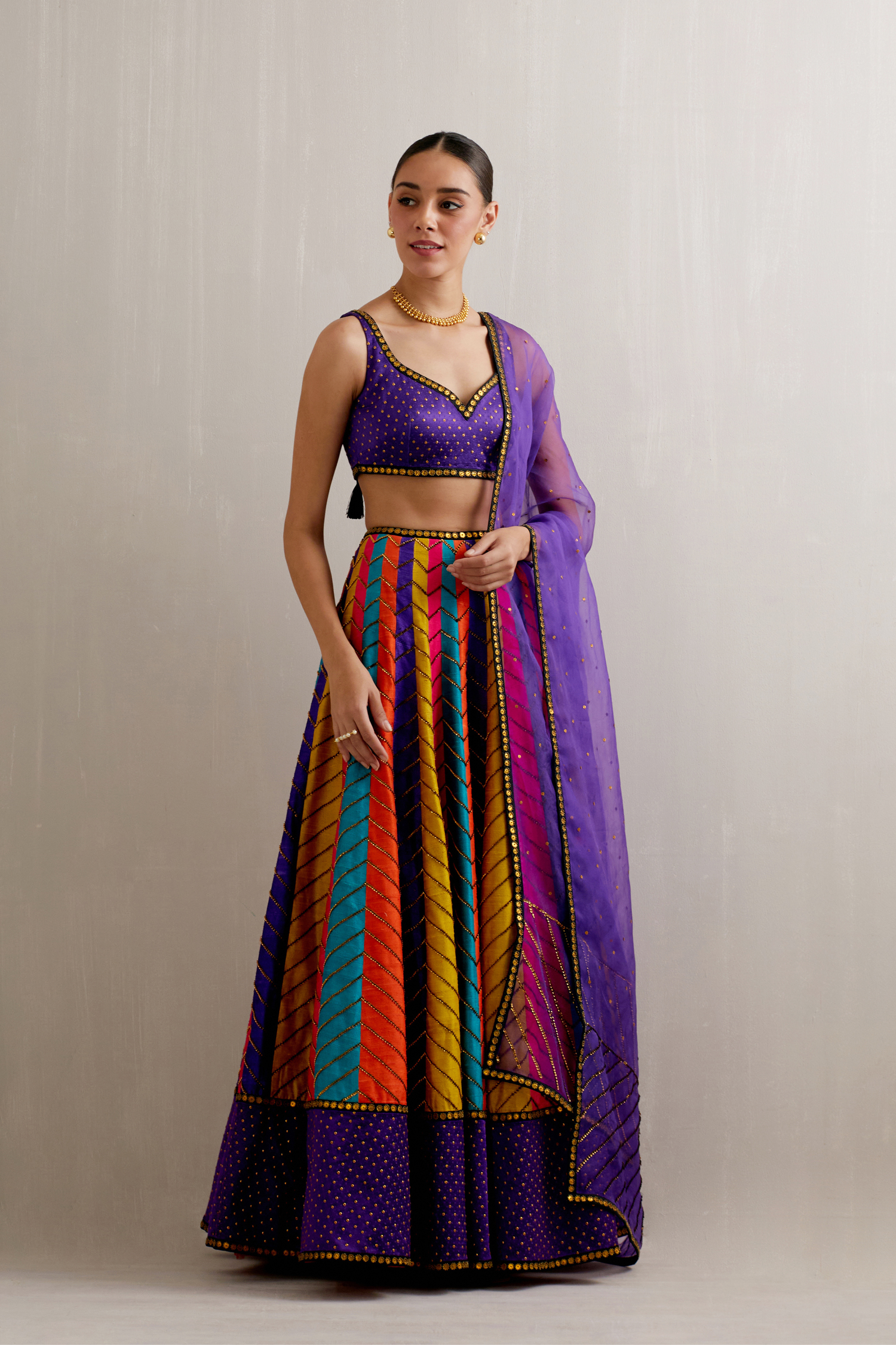 Multi-Coloured Panelled Lehenga Set With Solid Border