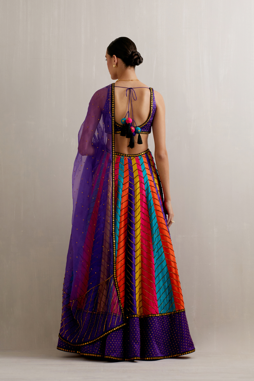 Multi-Coloured Panelled Lehenga Set With Solid Border