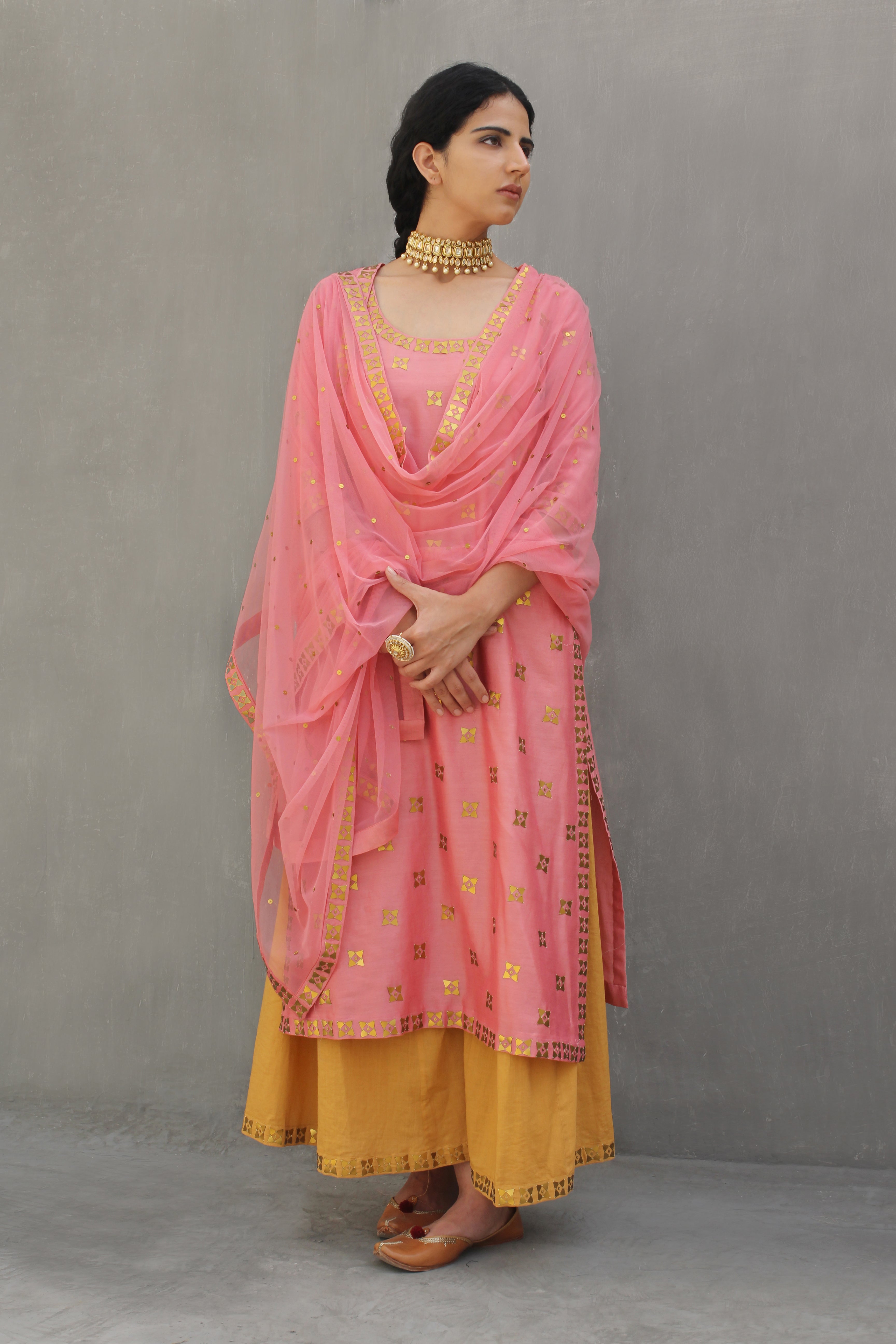 Four-Petal Floral Border Kurta Set