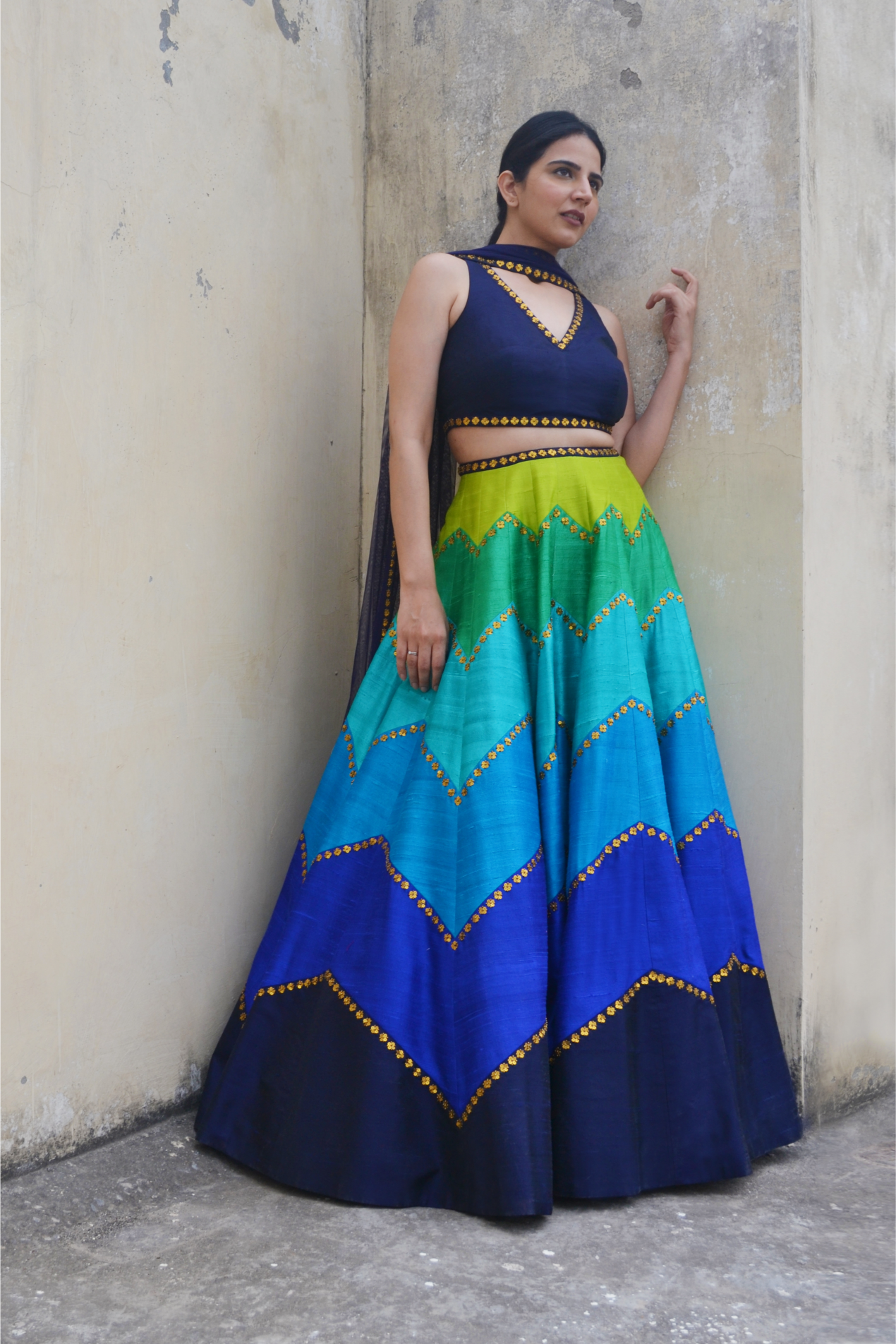 Multi-Coloured Chevron Lehenga Set