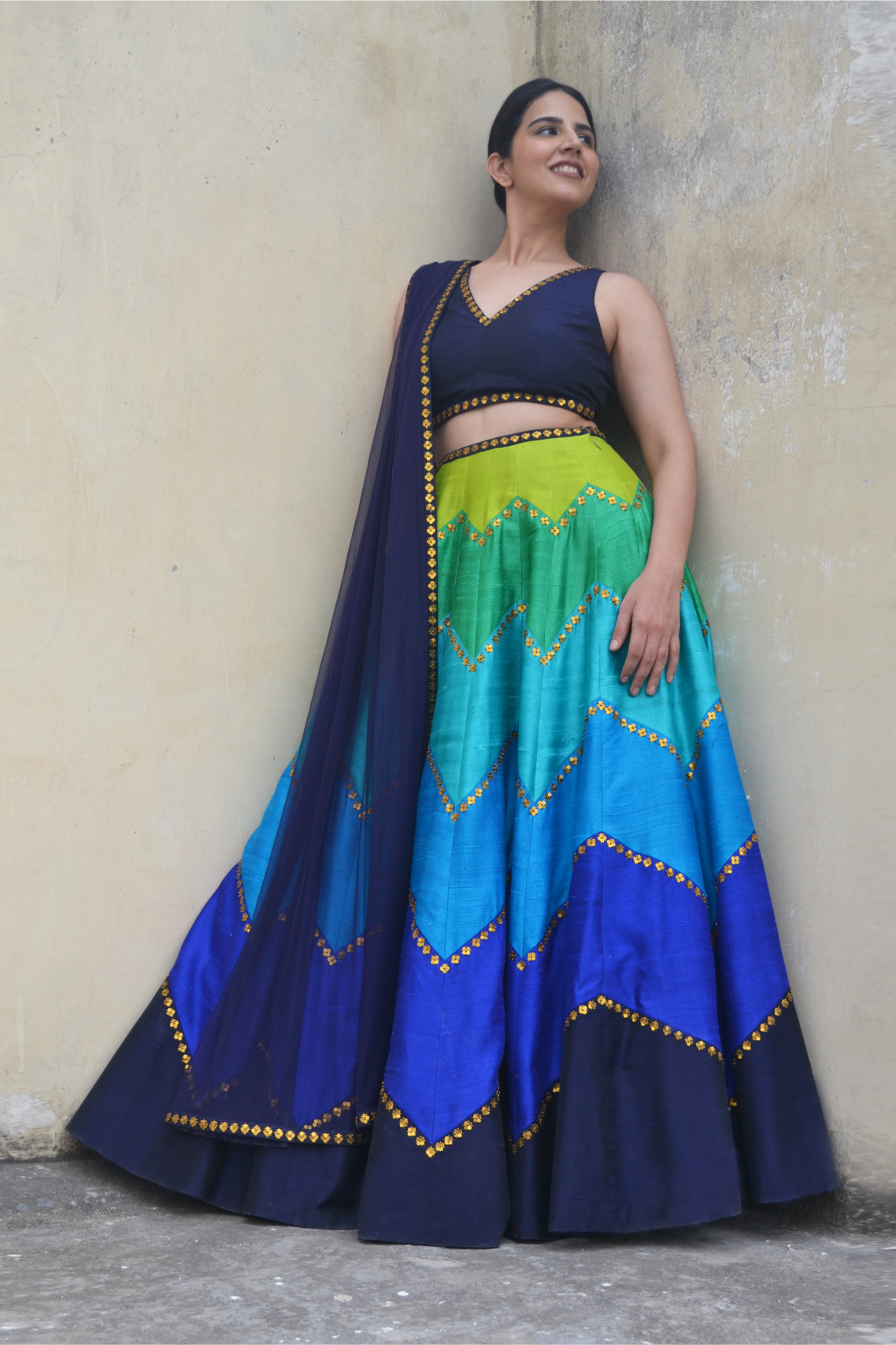 Multi-Coloured Chevron Lehenga Set