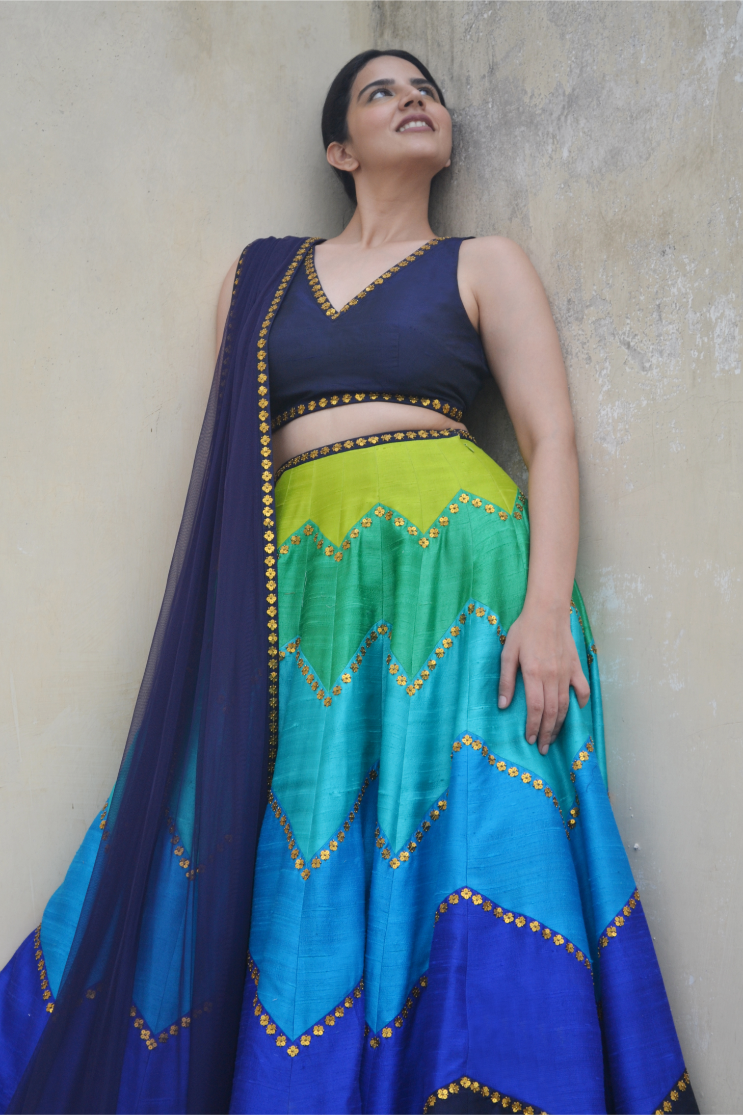 Multi-Coloured Chevron Lehenga Set