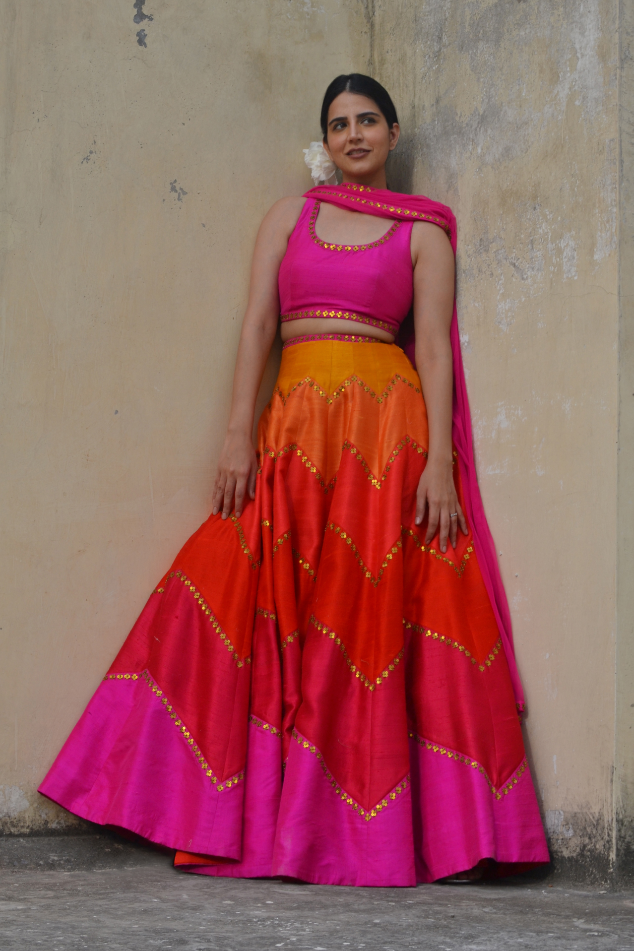 Multi-Coloured Chevron Lehenga Set