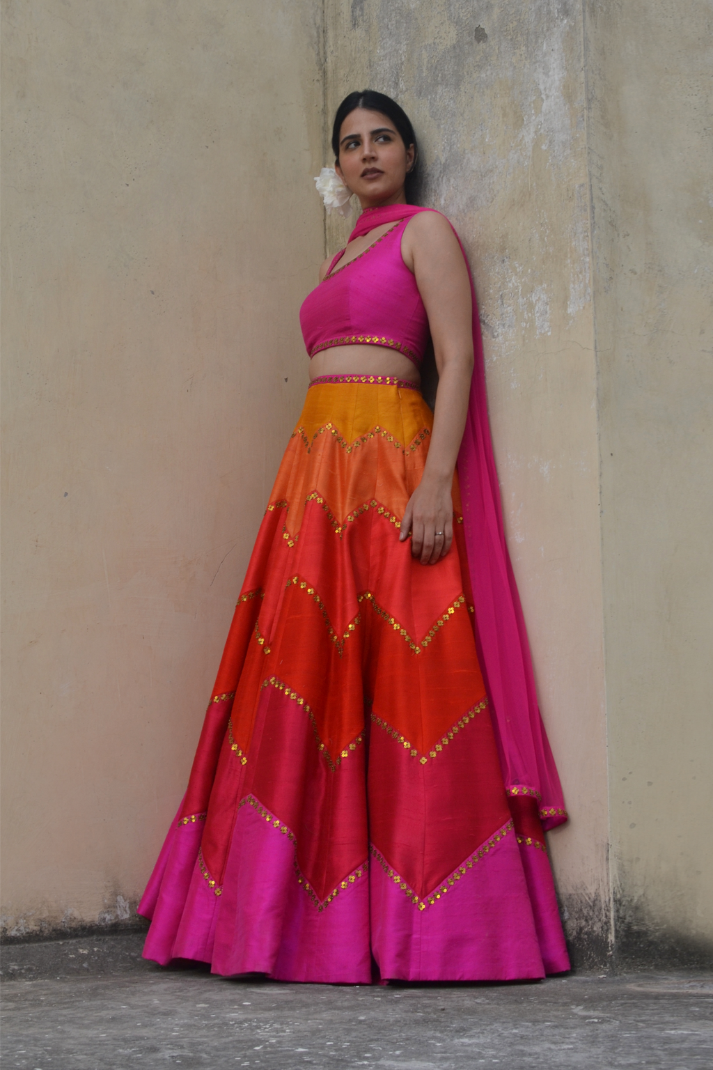 Multi-Coloured Chevron Lehenga Set