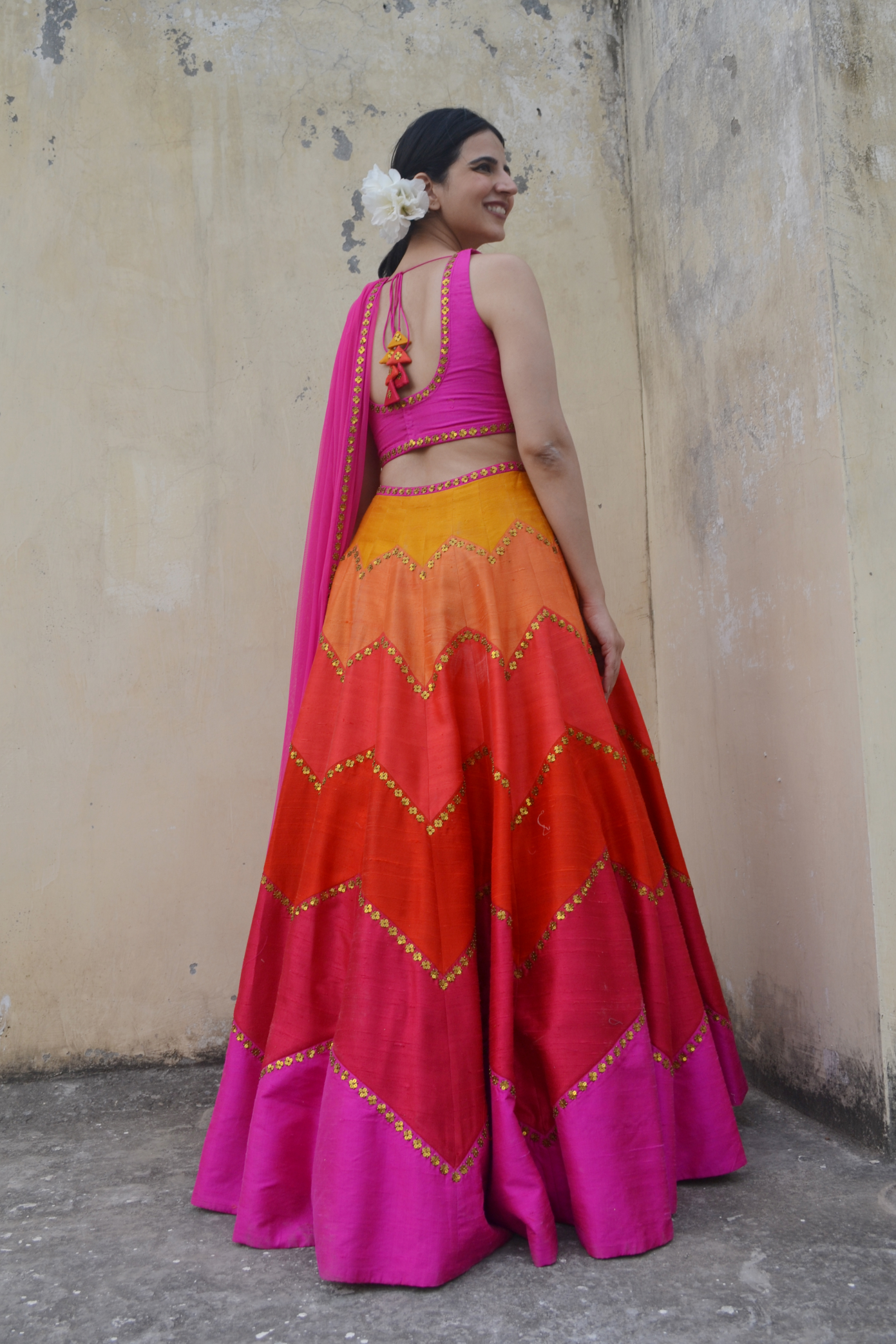 Multi-Coloured Chevron Lehenga Set