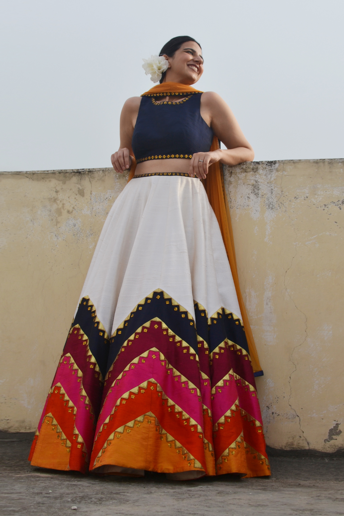 Multi-Coloured Half-N-Half Chevron Lehenga Set