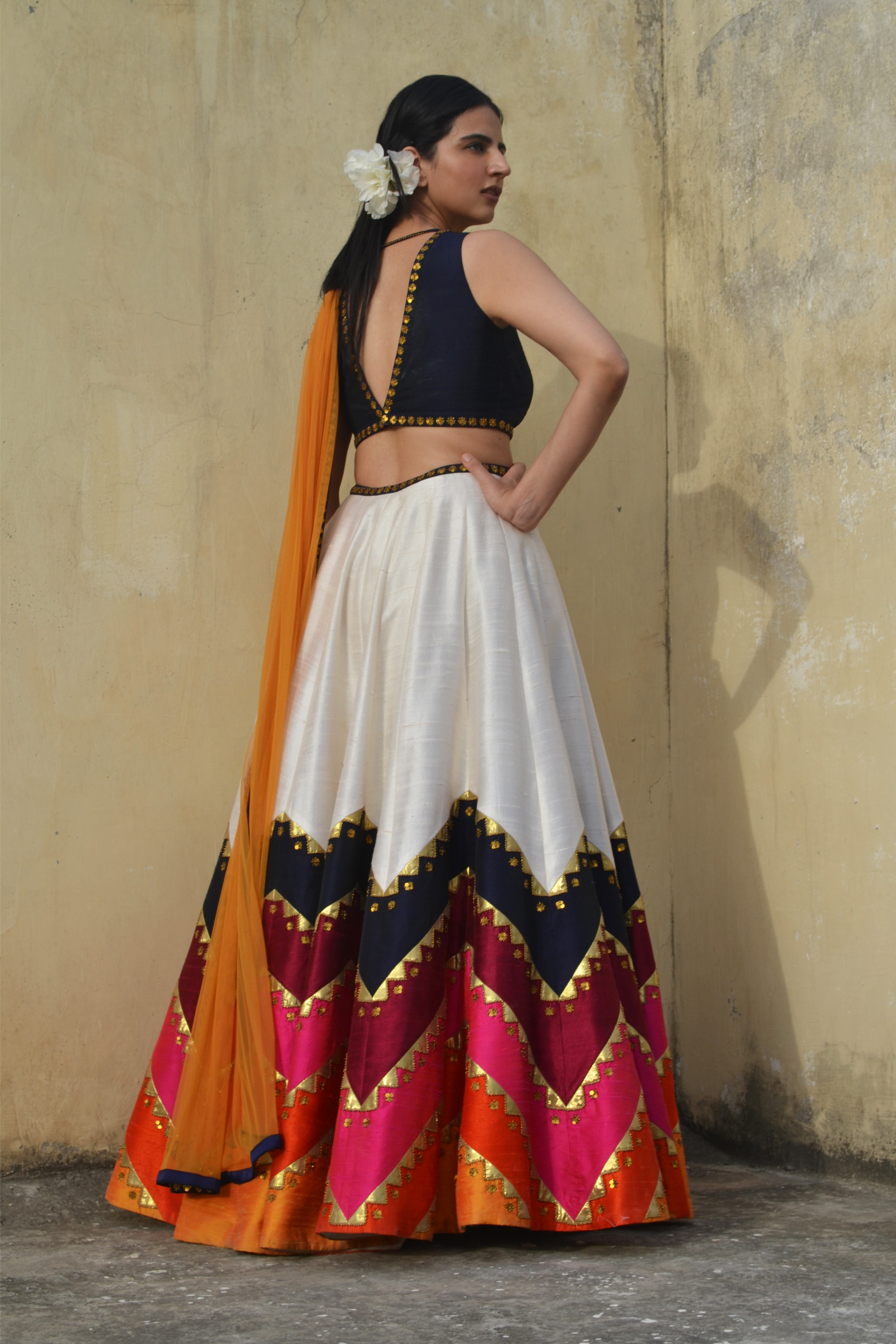 Multi-Coloured Half-N-Half Chevron Lehenga Set