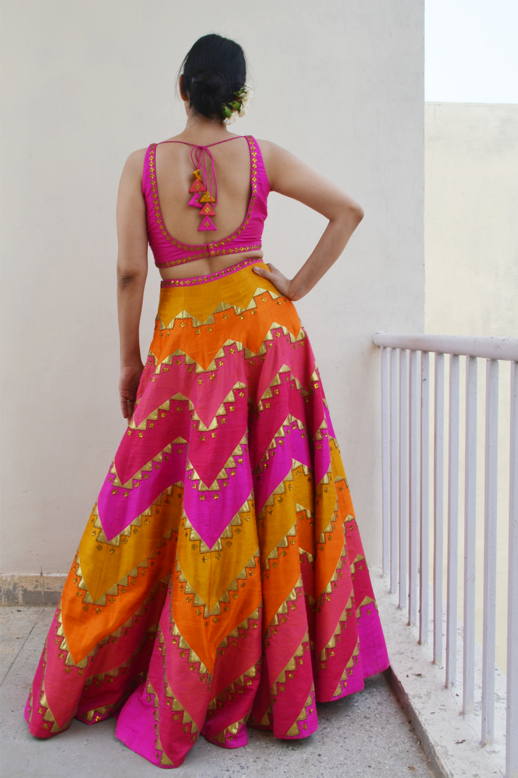 Multi-Coloured Chevron Lehenga Set