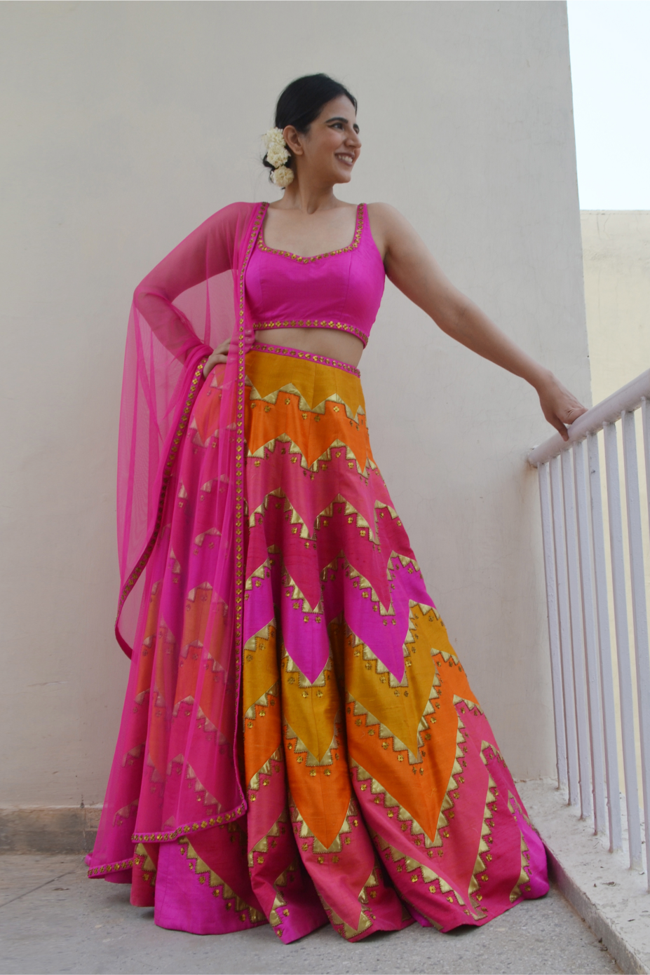 Multi-Coloured Chevron Lehenga Set