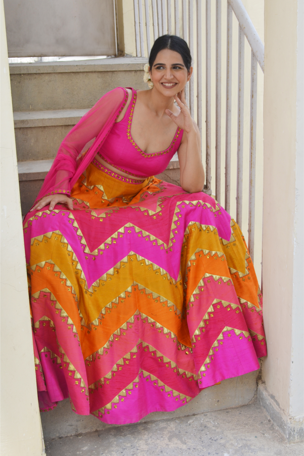 Multi-Coloured Chevron Lehenga Set