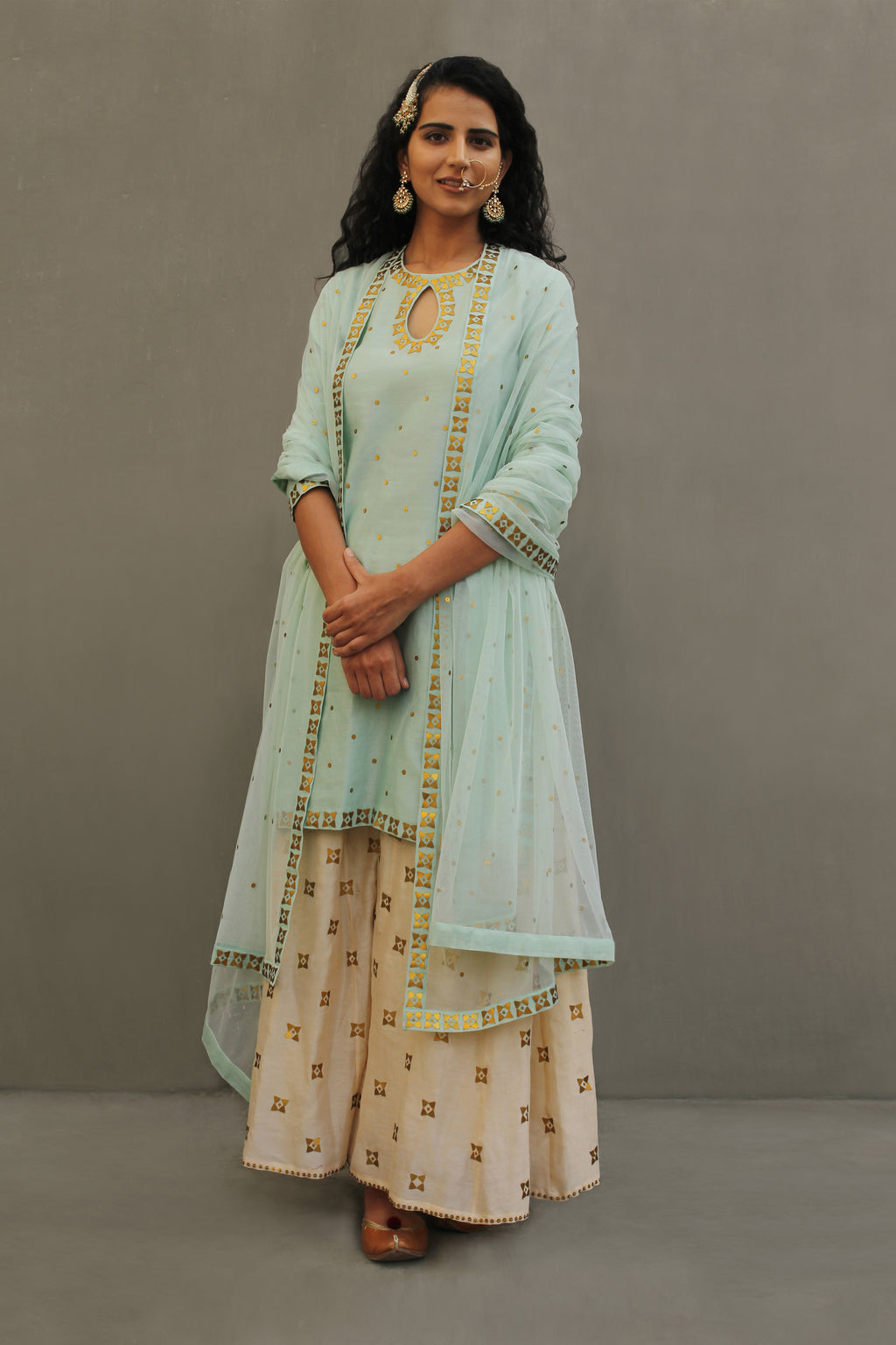 Four-Petal Floral Border Sharara Set