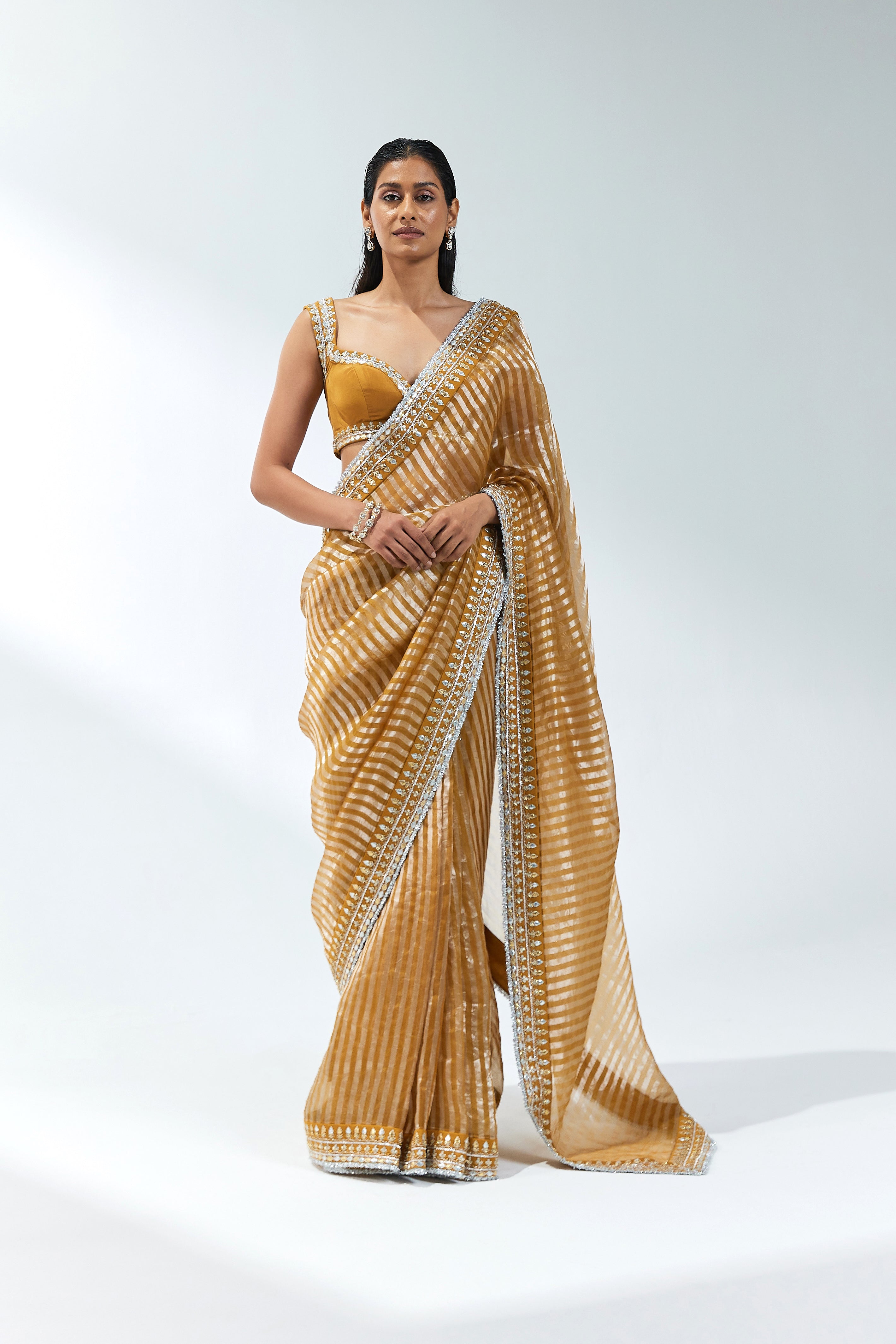 Gota-Patti Border Striped Saree Set