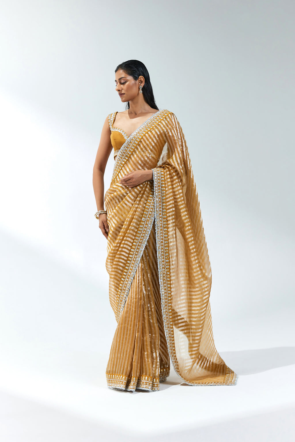 Gota-Patti Border Striped Saree Set