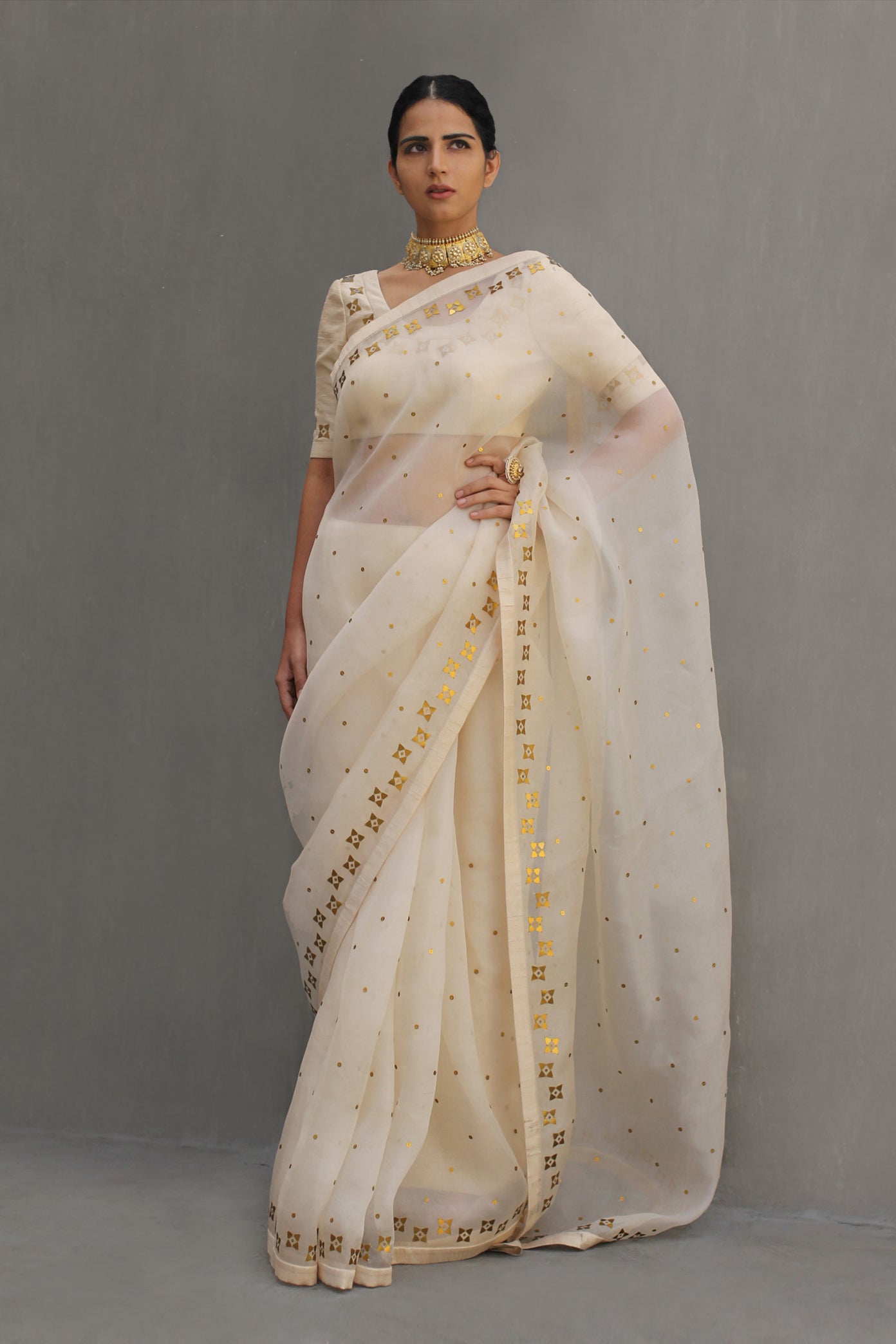 Four-Petal Floral Tendril Saree Set